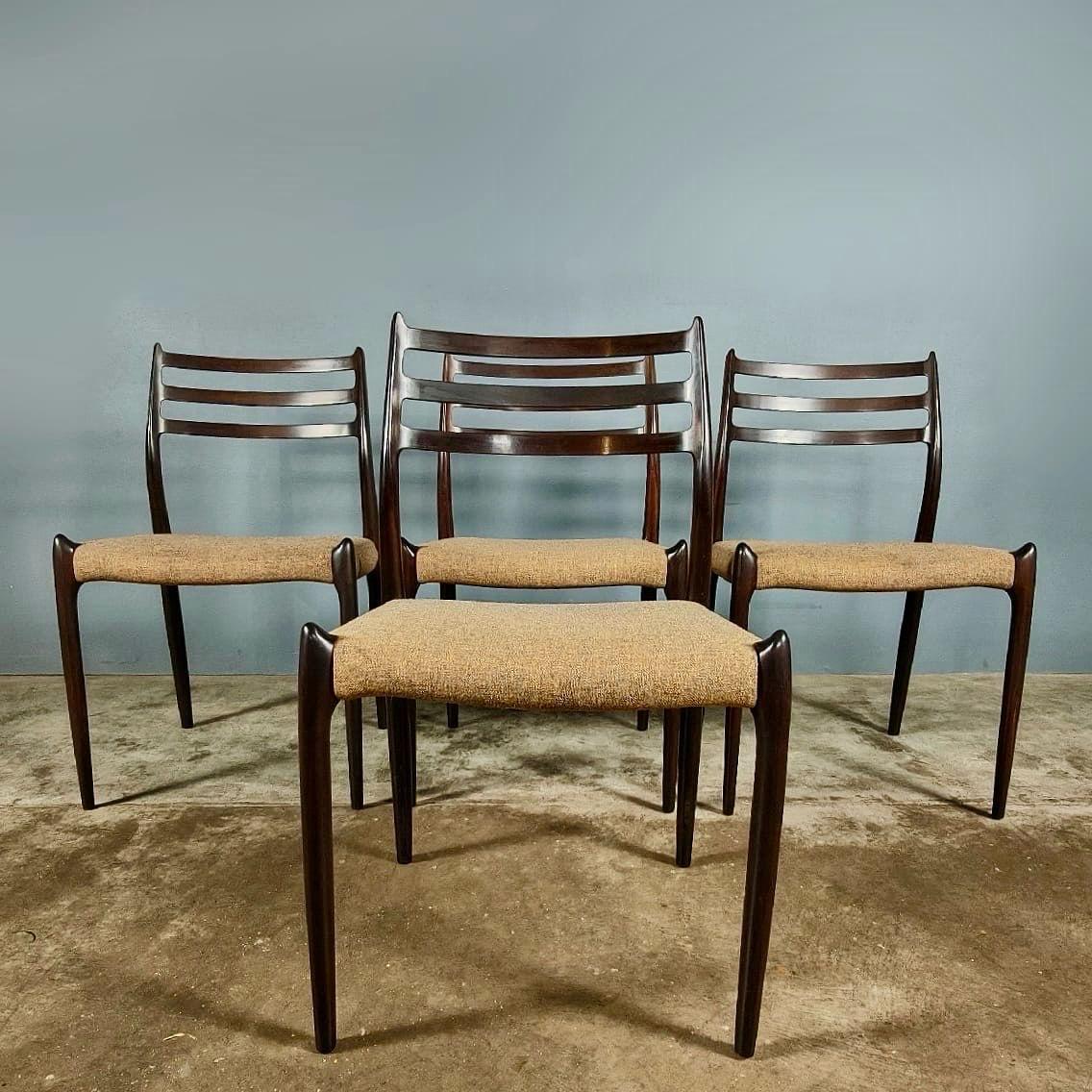 New Stock ✅

4 x Model 78 Rosewood Dining chairs by Niels Otto Moller for J.L. Mollers Mobelfabrik 

In 1944, Niels Otto Møller founded J.L. Møllers Møbelfabrik in Denmark. J. L. Møllers Møbelfabrik produces chairs of extremely high quality, in