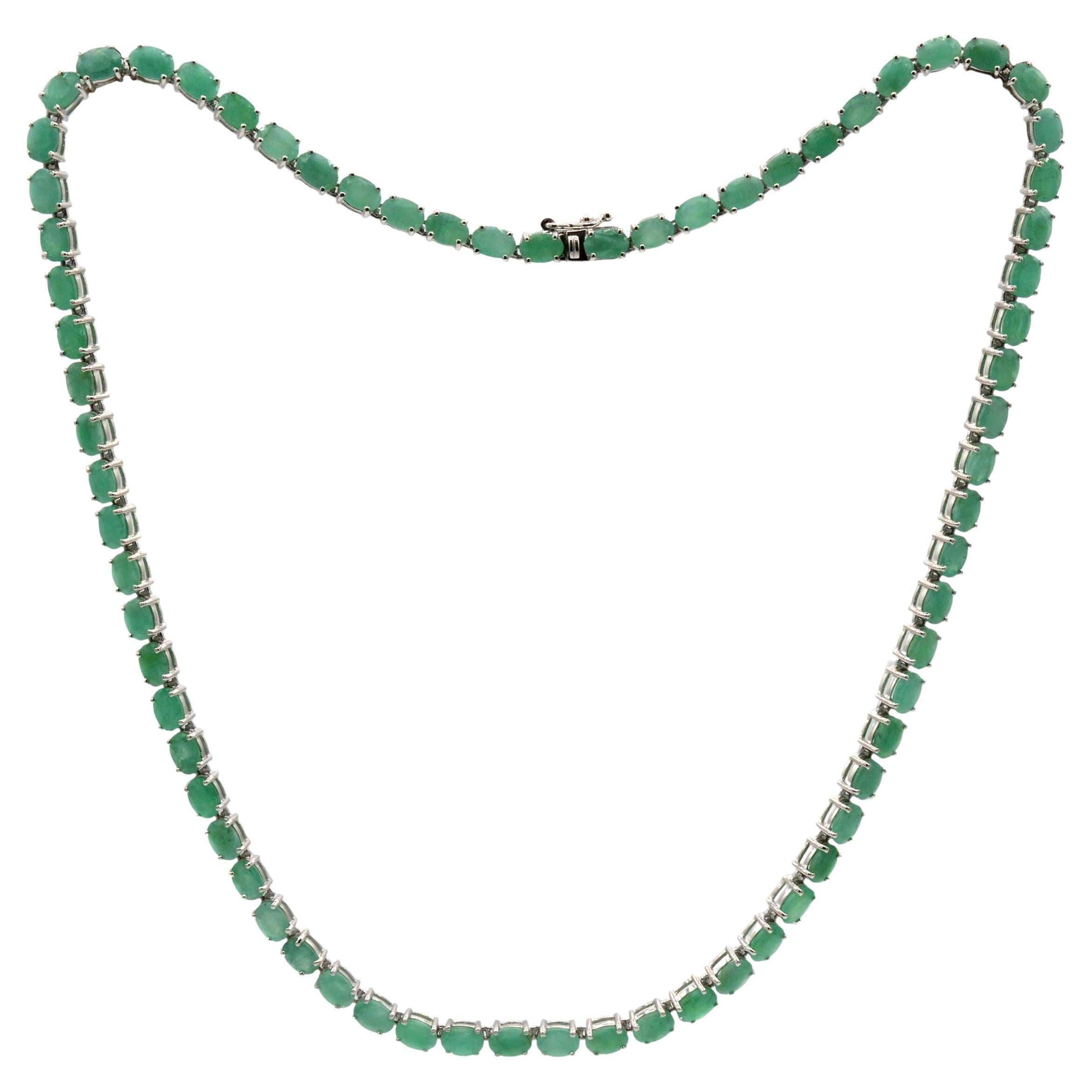 40-1/6ct. Natural Emerald 18" Sterling Silver Tennis Necklace  For Sale