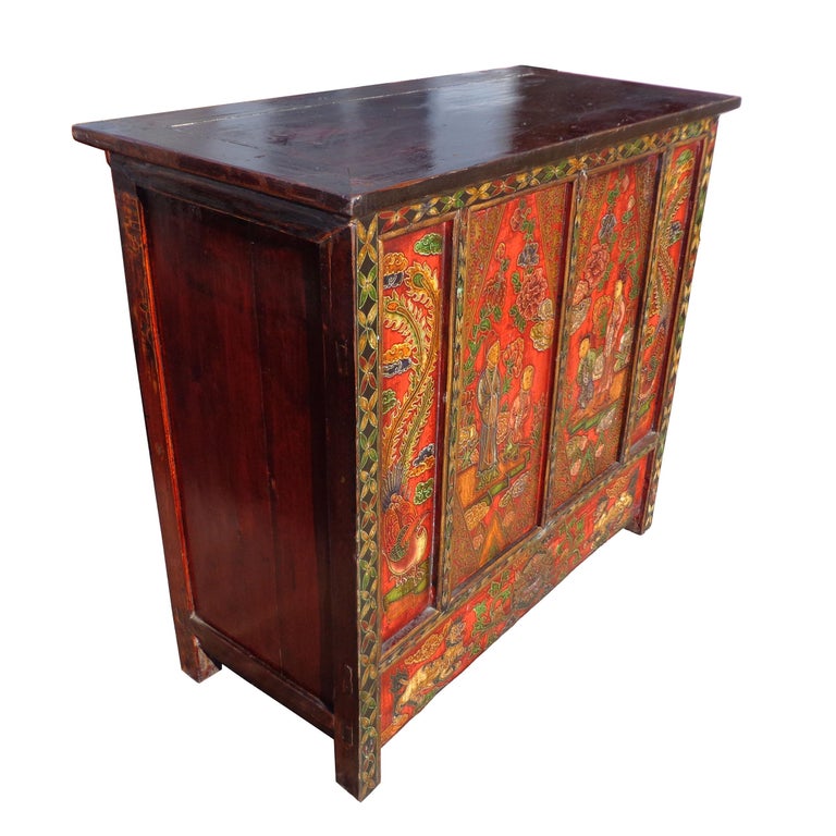 40″ 19th Century Qing Gansu Painted Cabinet In Good Condition For Sale In Pasadena, TX