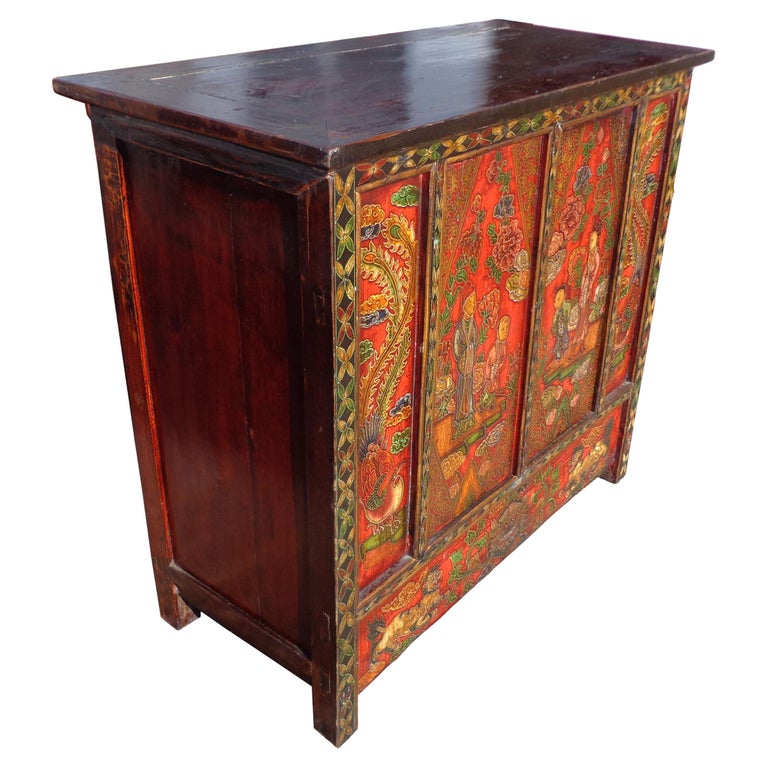 40″ 19th Century Qing Gansu Painted Cabinet For Sale