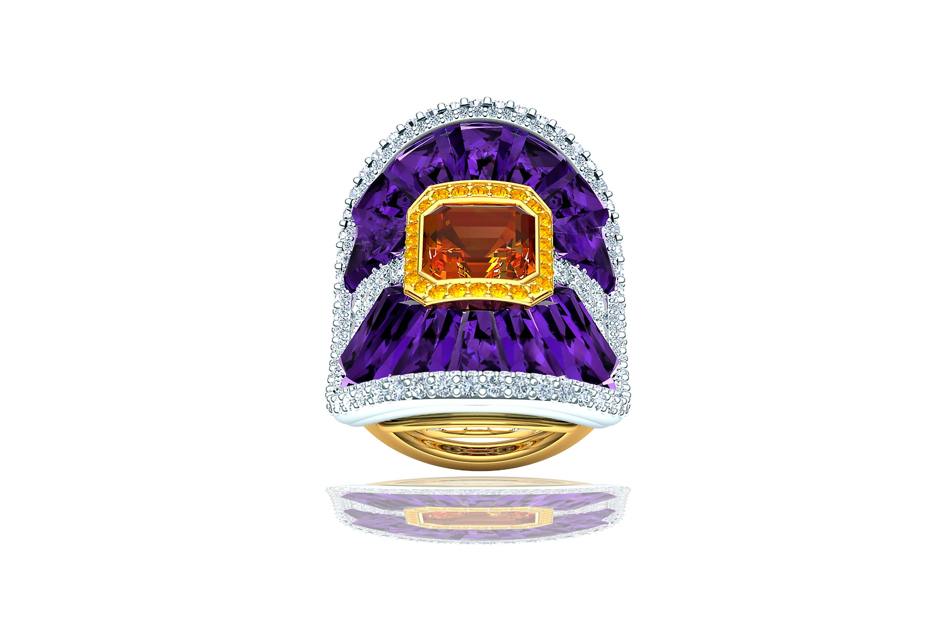 This gorgeous Amethyst  and Fire Opal and Diamond Ring contains the following.  The center stone of this gorgeous bonnet style ring is a 4 carat fire opal Asscher .  The center stone is surrounded by .85 carats of brilliant cut round fire opals that