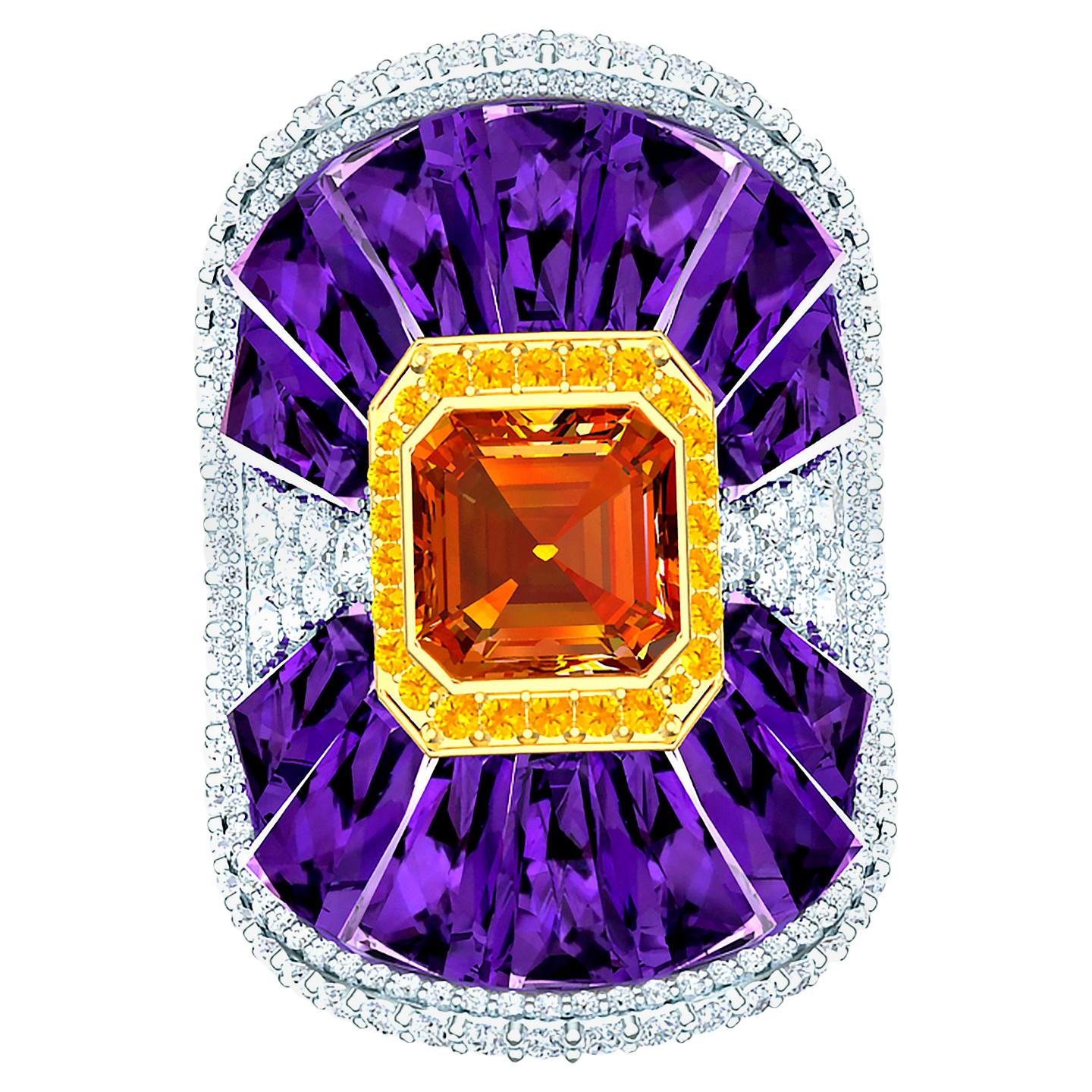 40 Carat Amethyst and Fire Opal Diamond Ring
