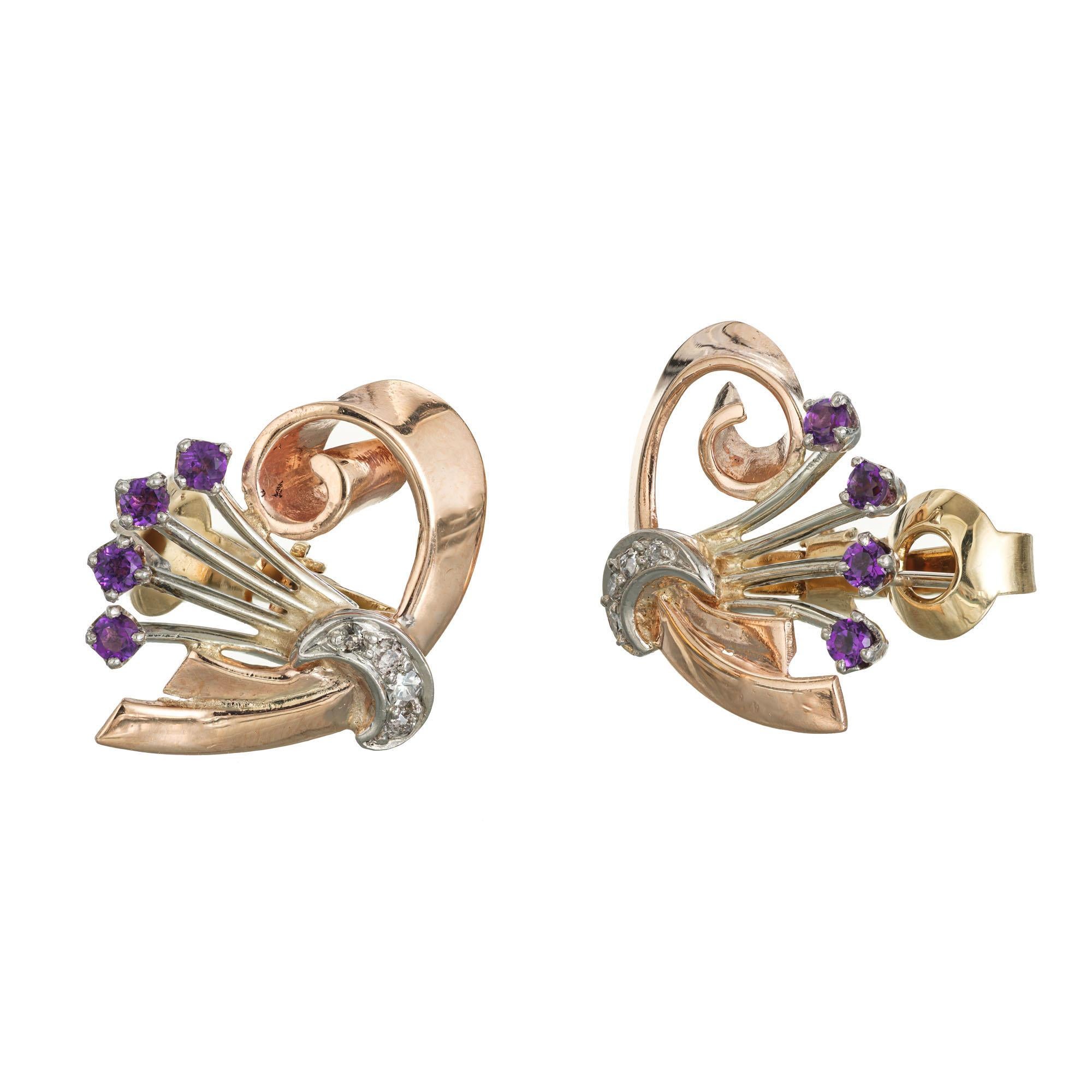 1940's rose and white gold Amethyst diamond clip post earrings. 8 round Amethyst and 8 round diamonds set in 14k rose and white gold.    

8 round rose cut diamonds, approx. total weight .08cts, VS
8 round purple Amethyst, approx. total weight