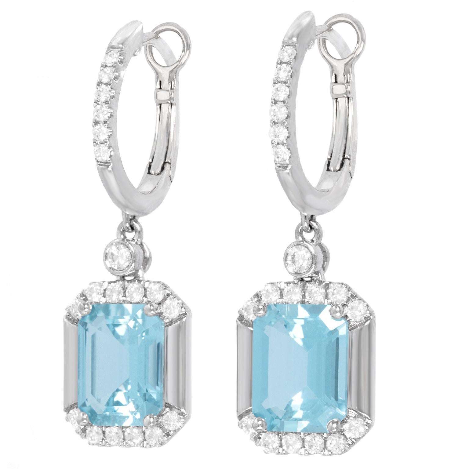 Emerald Cut 4.0-Carat Aquamarine and Diamond Drop Earrings 14k For Sale