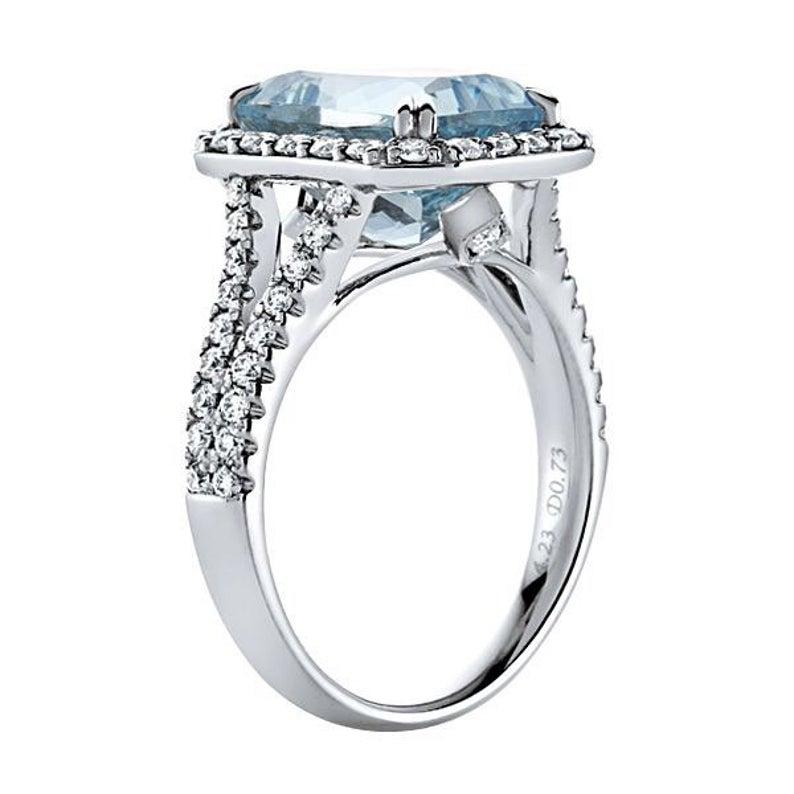 Cushion Cut 4.0 Carat Aquamarine Diamond Ring 18 Karat White Art Deco Style For Sale