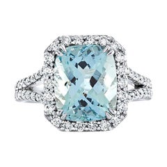 Anello di diamanti con acquamarina da 4,0 carati, stile Art Deco, bianco 18 carati