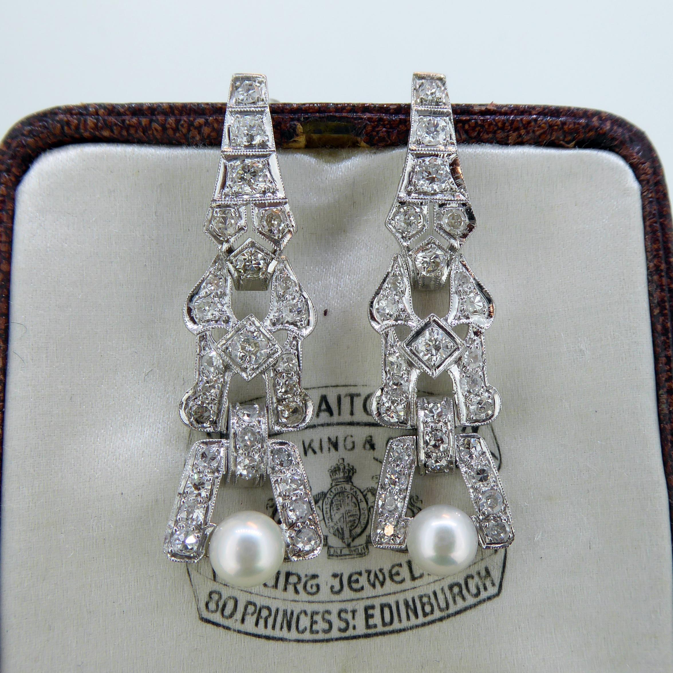 4.0 Carat Art Deco Diamond and Pearl Earrings, Platinum, Chandelier Drop Style 2
