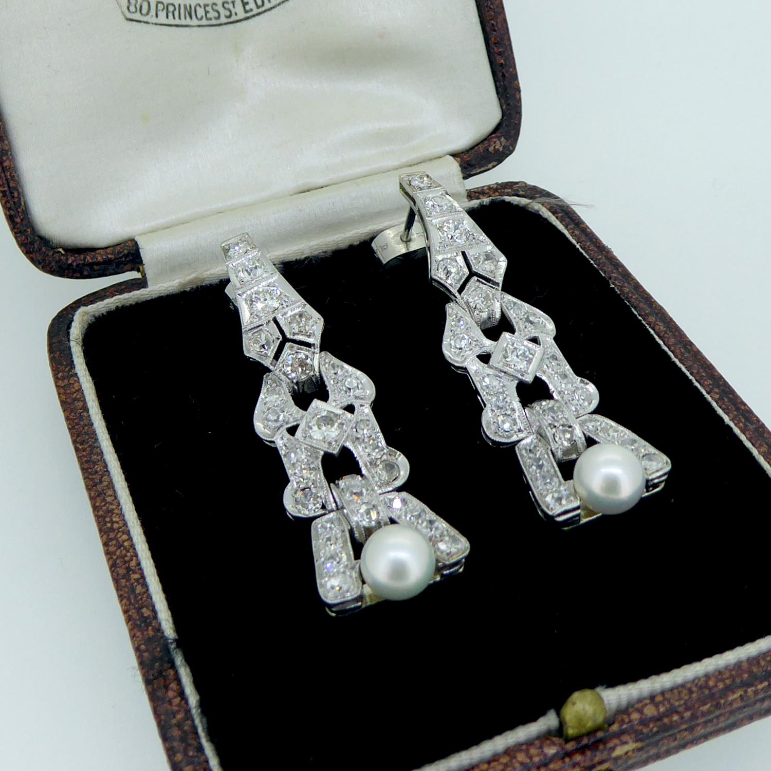 4.0 Carat Art Deco Diamond and Pearl Earrings, Platinum, Chandelier Drop Style 4