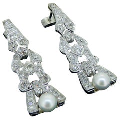4.0 Carat Art Deco Diamond and Pearl Earrings, Platinum, Chandelier Drop Style