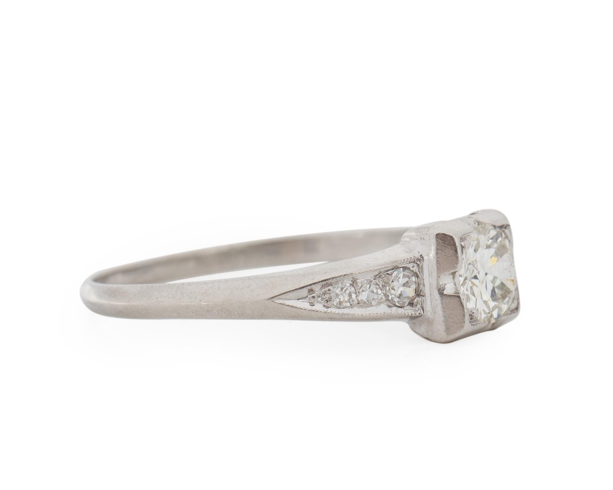 Item Details: 
Ring Size: 7
Metal Type: Platinum [Hallmarked, and Tested]
Weight: 2.1 grams

Center Diamond Details:
Weight: .40 Carat
Cut: Old European Brilliant
Color: J
Clarity: VS1

Side Diamond Details:
Weight: .12 Carat Total Weight
Cut: Old