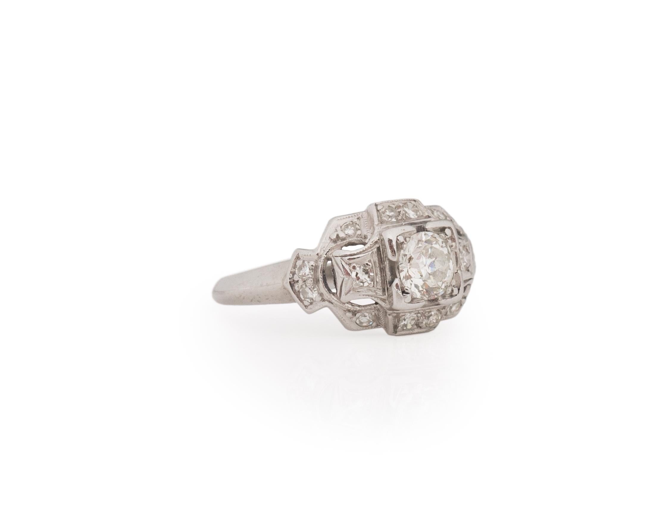 Ring Size: 4.25
Metal Type: Platinum [Hallmarked, and Tested]
Weight: 3.8 grams

Center Diamond Details:
Weight: .40ct
Cut: Old European brilliant
Color: I
Clarity: VS

Finger to Top of Stone Measurement: 5mm
Condition: Excellent