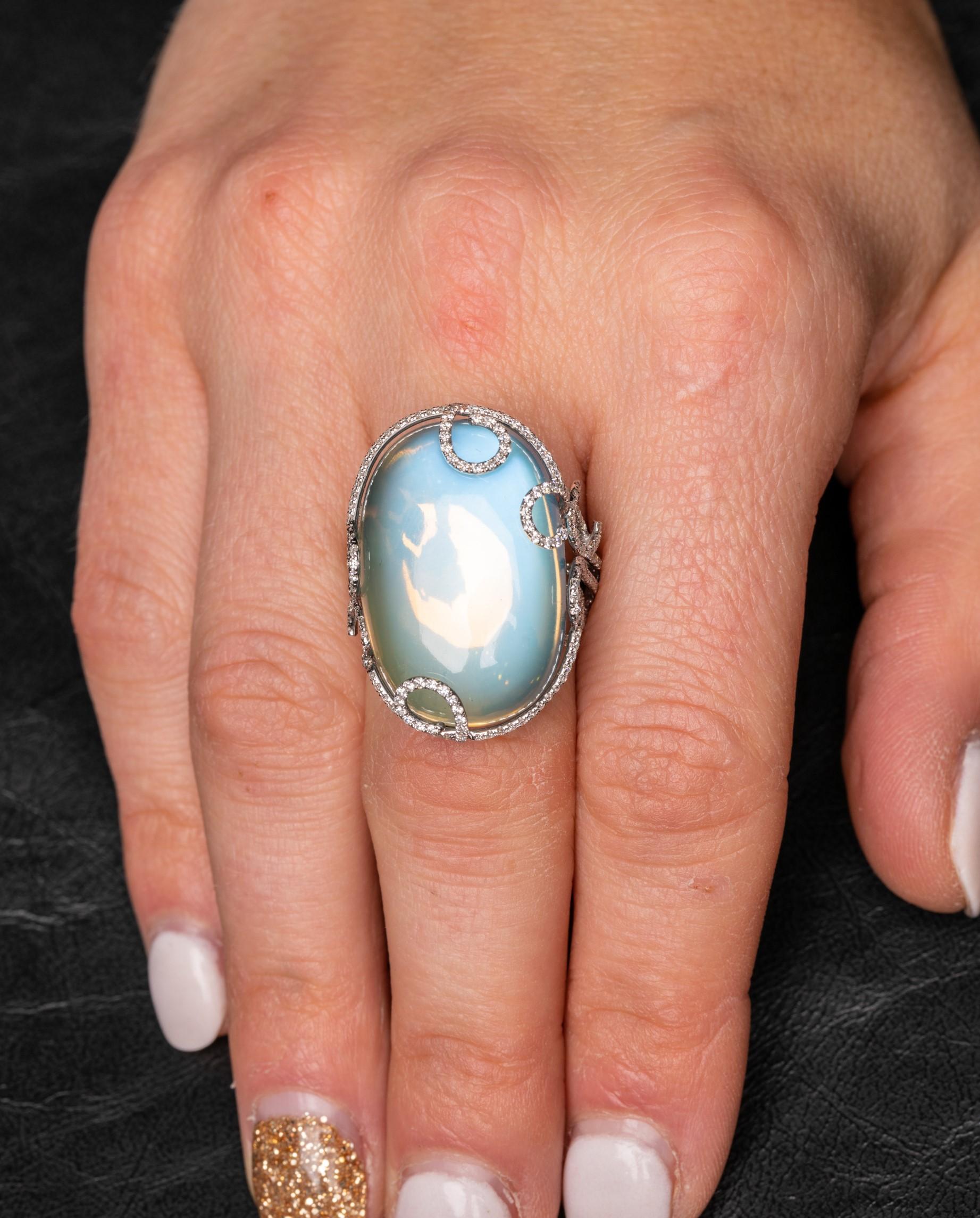 40 Carat Blue Sheen Moonstone Ring with 1.92 Carat of Diamonds In Excellent Condition In Greenville, SC