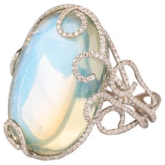 40 Carat Blue Sheen Moonstone Ring with 1.92 Carat of Diamonds