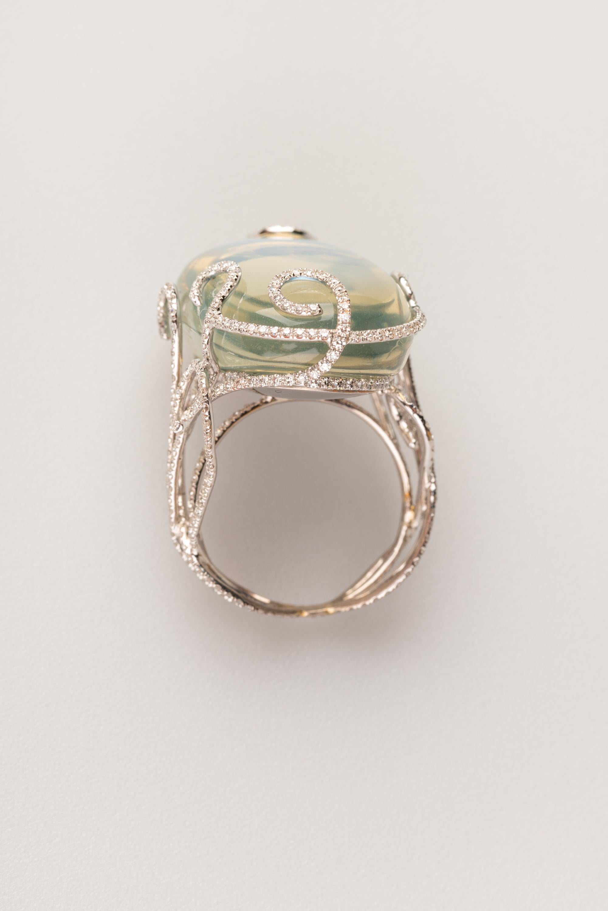 Women's 40 Carat Blue Sheen Moonstone Ring with 1.92 Carat of Diamonds
