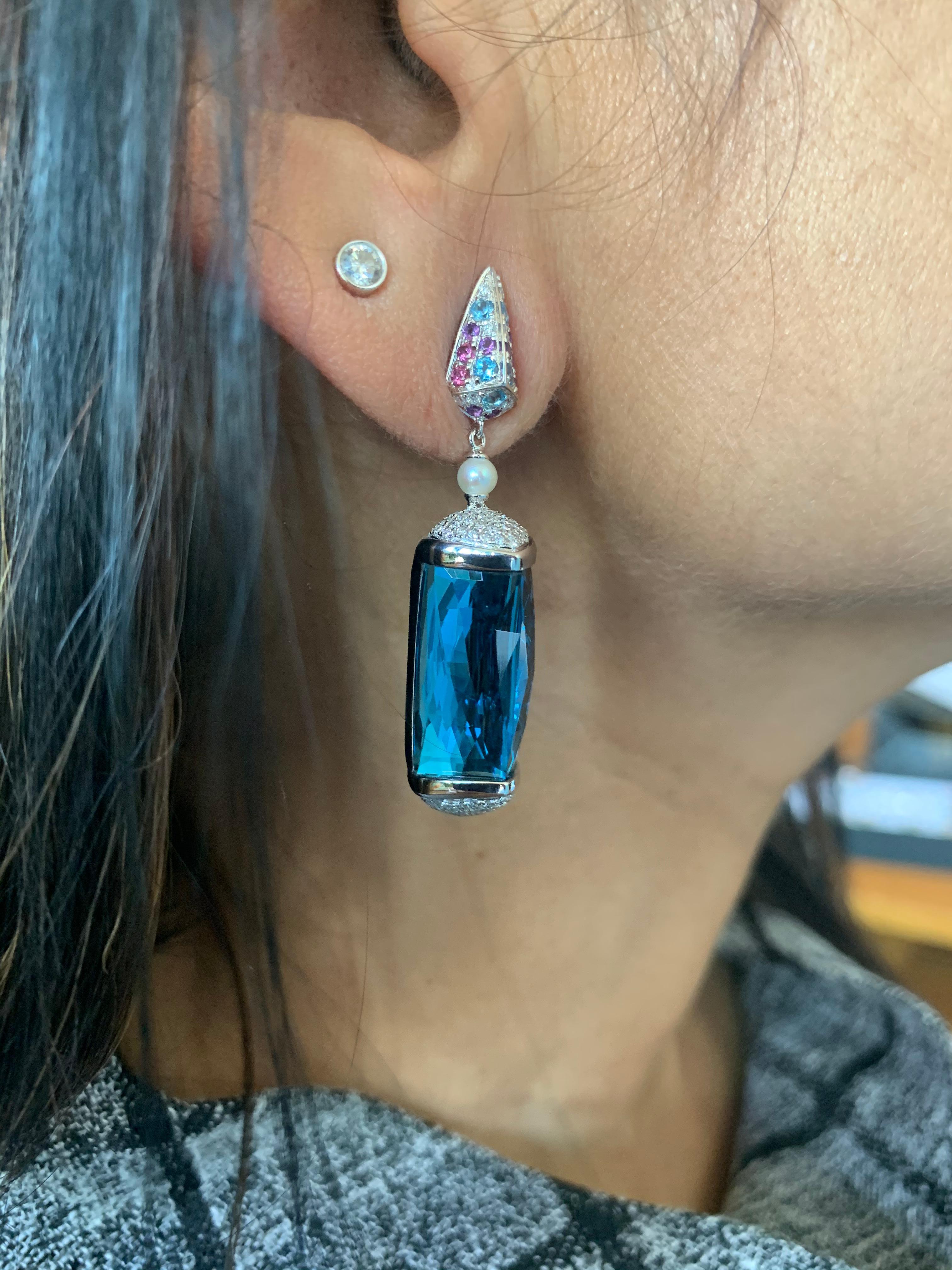 Contemporary 40 Carat Blue Topaz Earrings in 18 Karat White Gold with Diamonds For Sale