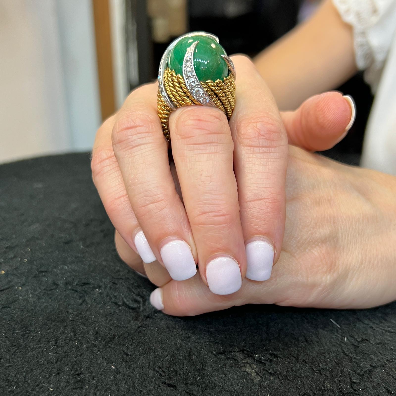 40 Carat Cabochon Emerald Diamond 18 Karat Yellow Gold Cocktail Ring In Excellent Condition In Boca Raton, FL