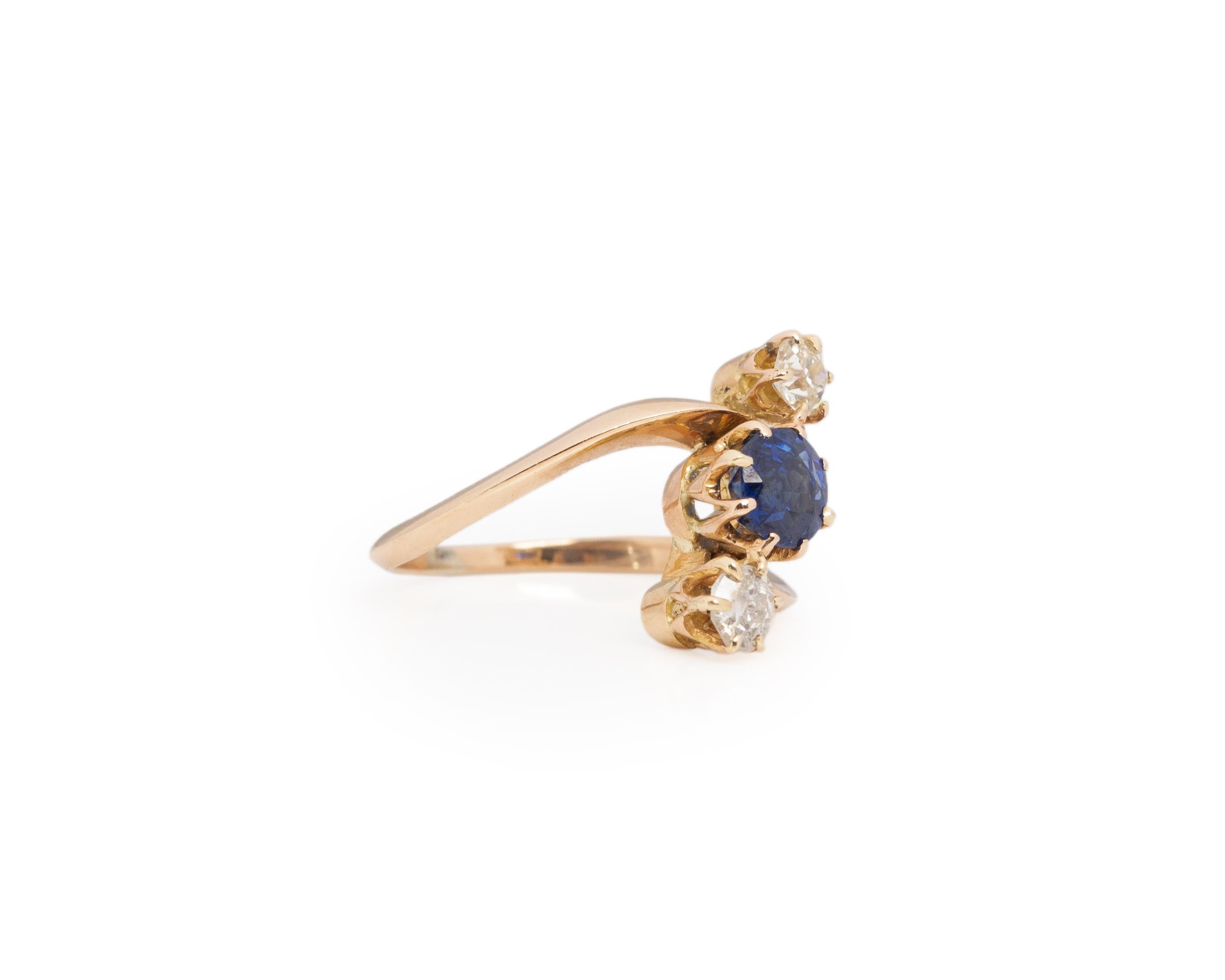 Ring Size: 4.25
Metal Type: 14K Yellow Gold [Hallmarked, and Tested]
Weight: 2.6 grams

Diamond Details:
Weight: .40ct
Cut: Old European brilliant
Color: J
Clarity: VS

Sapphire Details:
Weight: .65ct, total
Cut: Old European brilliant
Color: