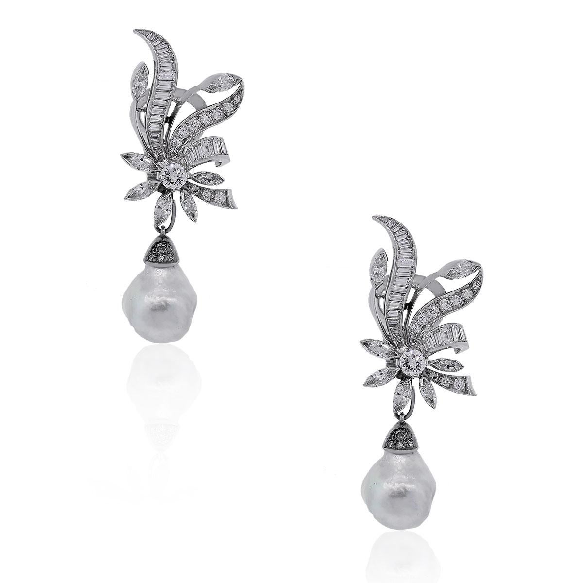 Material: Platinum
Diamond Details: Approximately 4.0ctw Marquise, Baguette and Round Brilliant Diamonds. Diamonds are approximately G/H in color and VS in clarity 
Pearl Details: Pearls measuring approximately 12.44mm x 13.80mm
Earring
