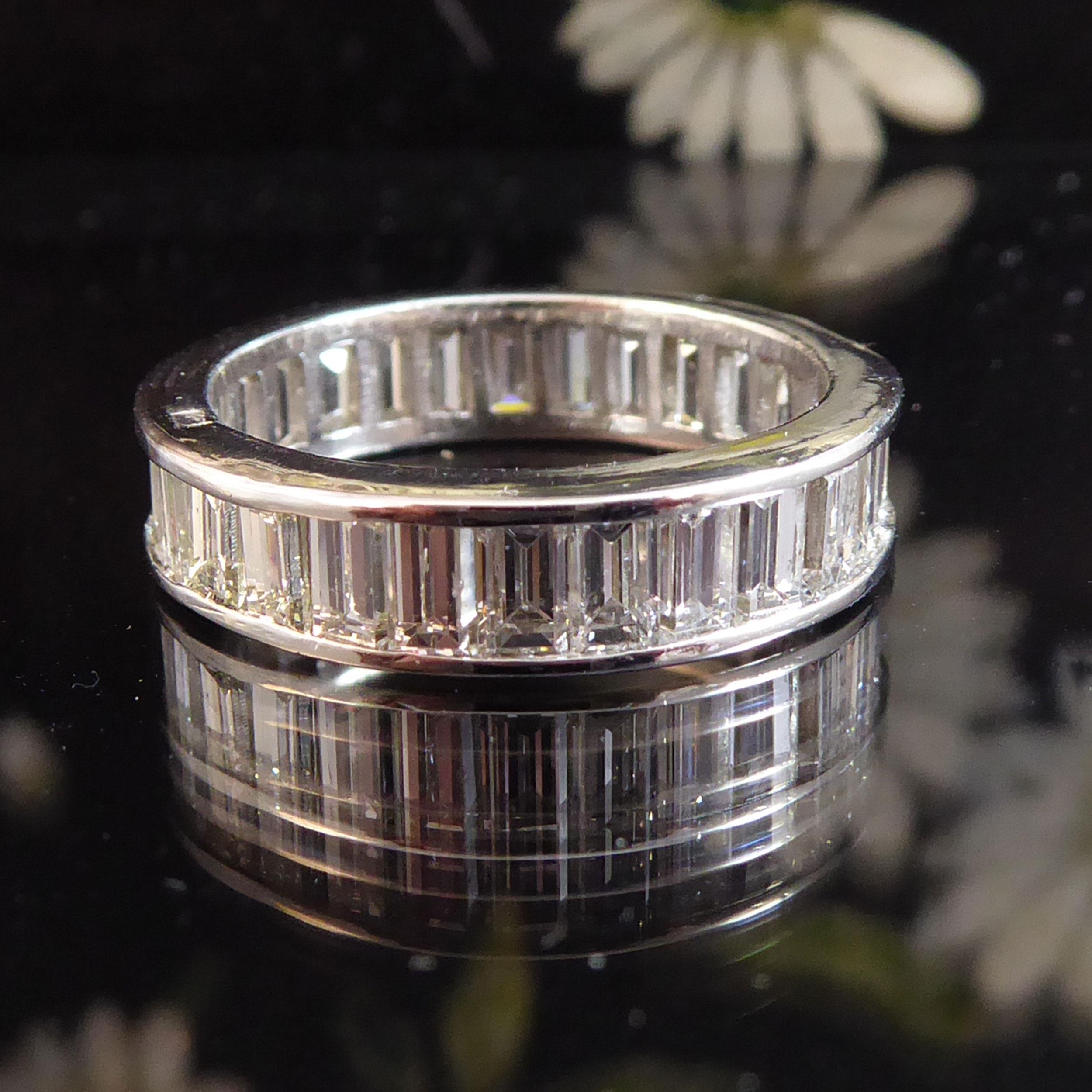 Women's or Men's 4.0 Carat Diamond Eternity Wedding Ring, Baguette Cut Diamonds, White Gold