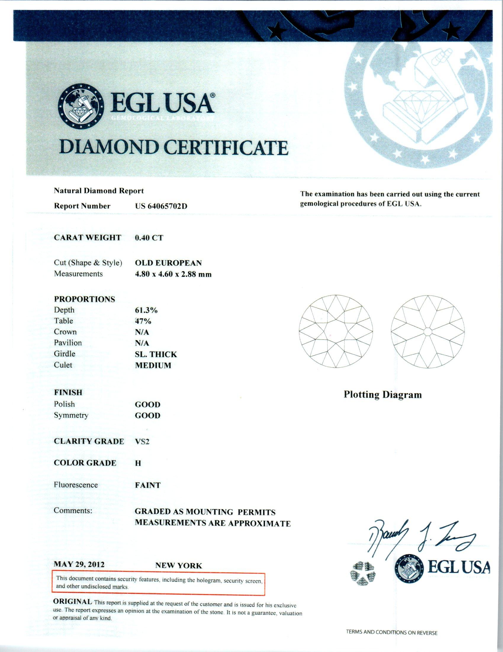 Bague de fiançailles en platine de taille vieille Europe avec diamant de 0,40 carat, certifiée EGL en vente 3