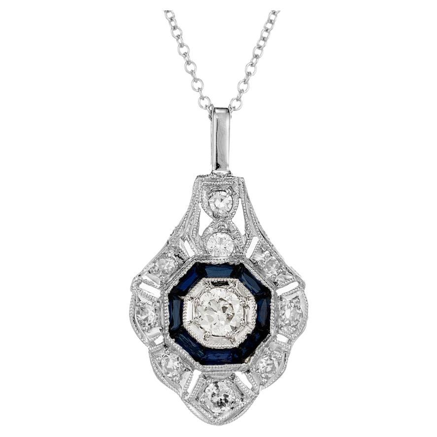 .40 Carat Diamond Sapphire White Gold Art Deco Pendant Necklace