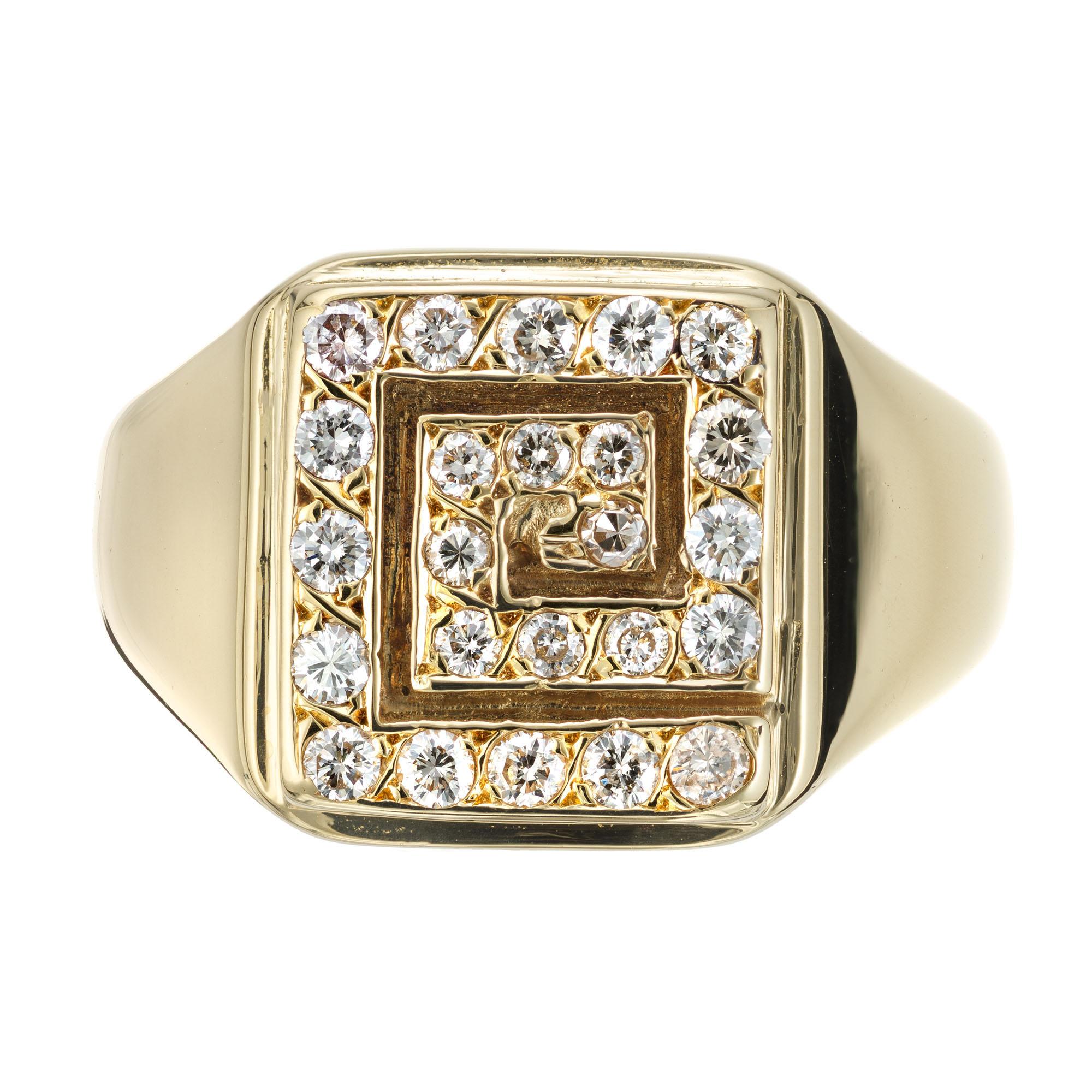 Rectangular top signet style Greek key design diamond unisex, 18k yellow gold ring. 24 round brilliant cut diamonds. 

24 round brilliant cut diamonds, G-H VS-SI approx. .40cts
Size 8 and sizable
18k yellow gold 
Stamped: K18
11.2 grams
Width at