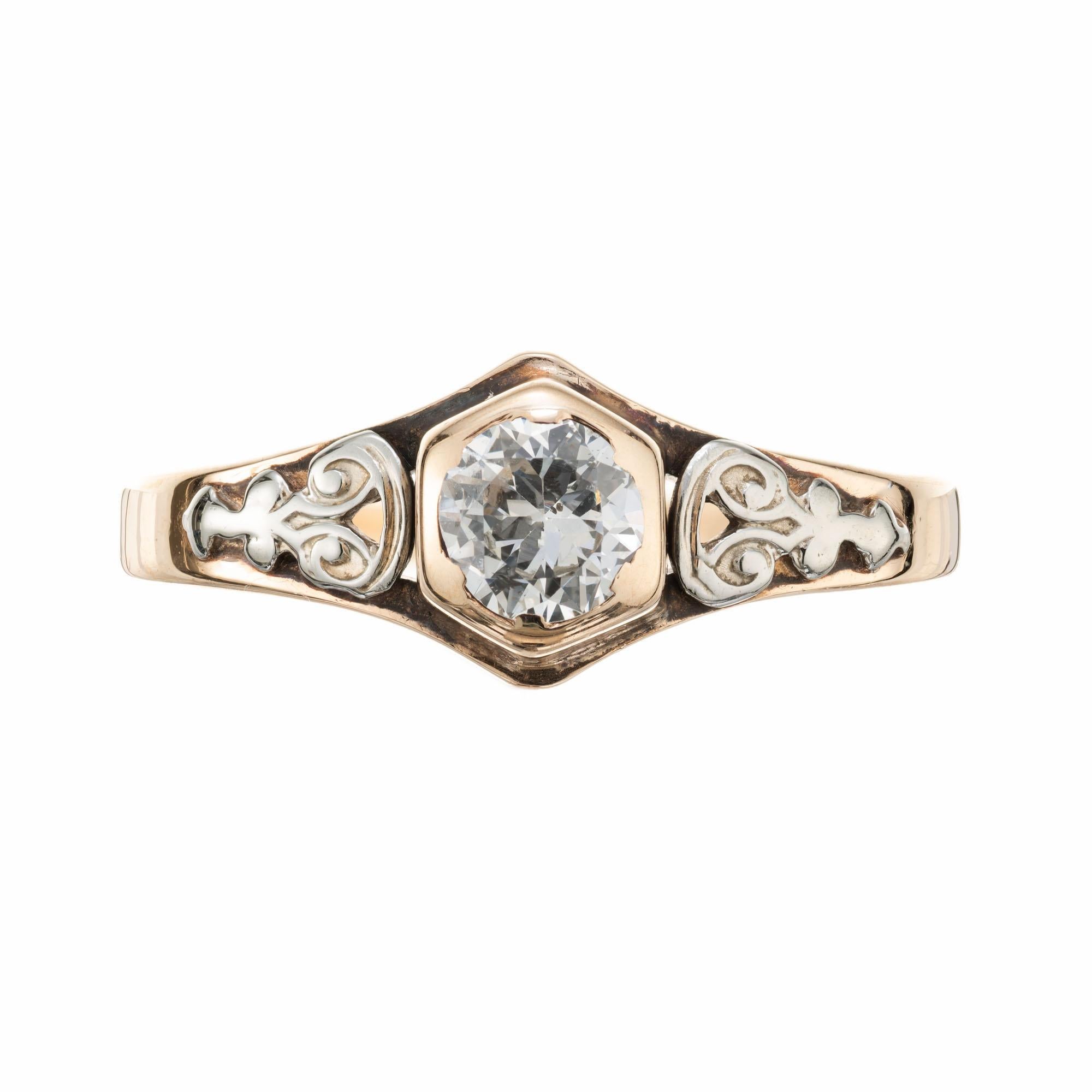 Handmade 1920's Art Deco diamond engagement ring.  Open work 14k yellow gold setting with ring with white gold accents and a .40ct Ole European cut center stone. engraved 12-25-25. 

1 Old European cut diamond, F SI approx. .40cts
Size 6.25 and