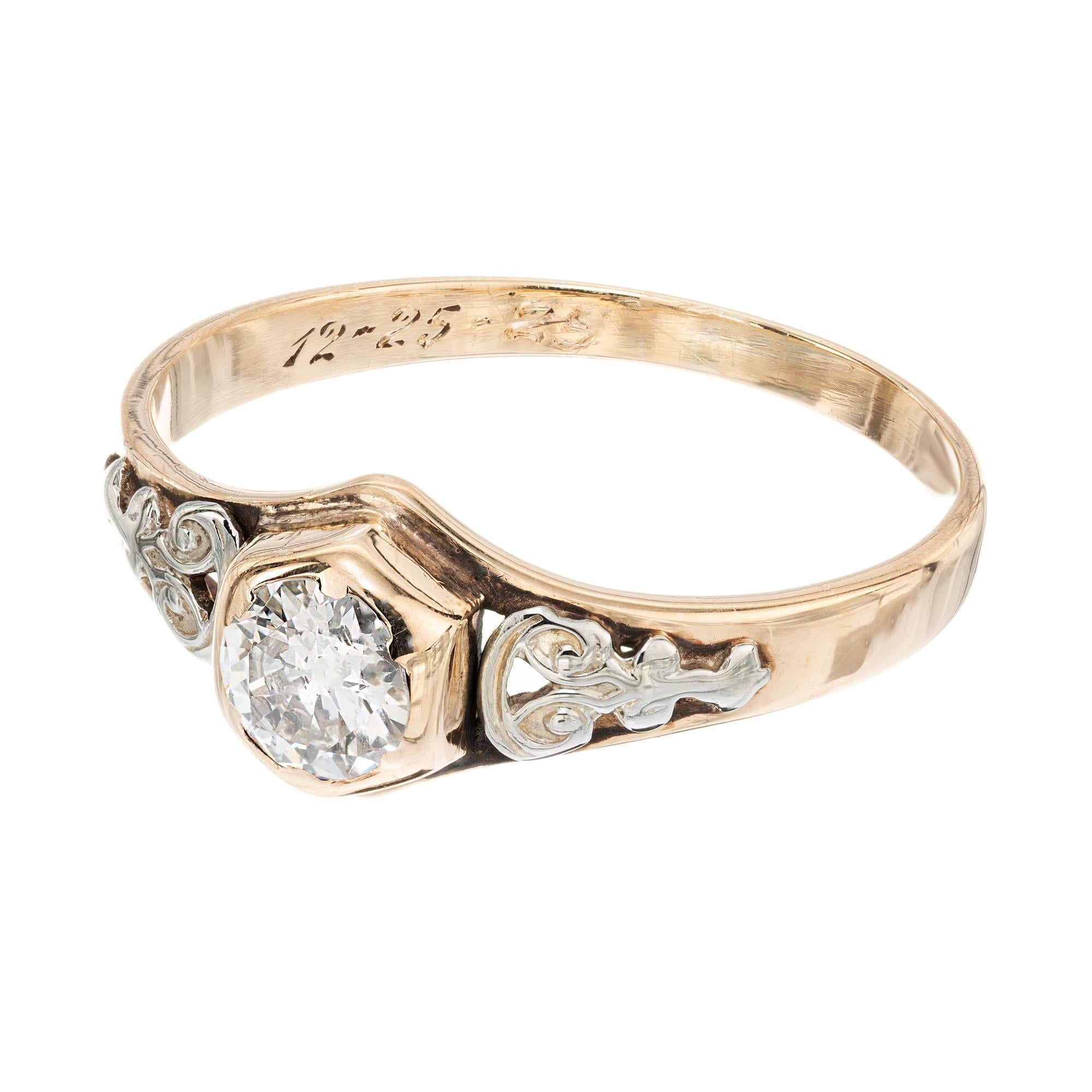 Old European Cut .40 Carat Diamond Yellow White Gold Engagement Ring For Sale