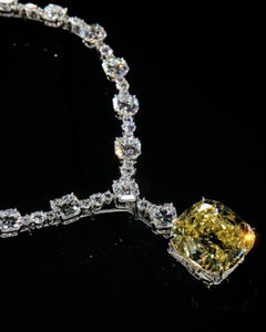 40 Carat Fancy Yellow Cushion Cut Diamond Drop Necklace, Tiffany Style
