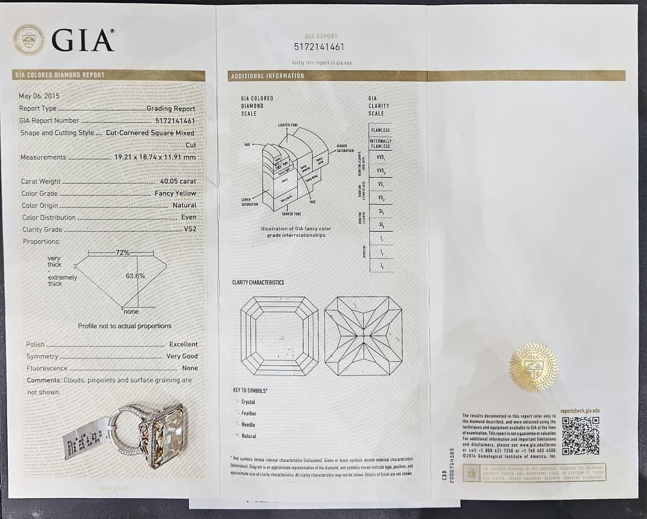 Bague à diamant jaune fantaisie de 40 carats taille radiant certifiée GIA en vente 1