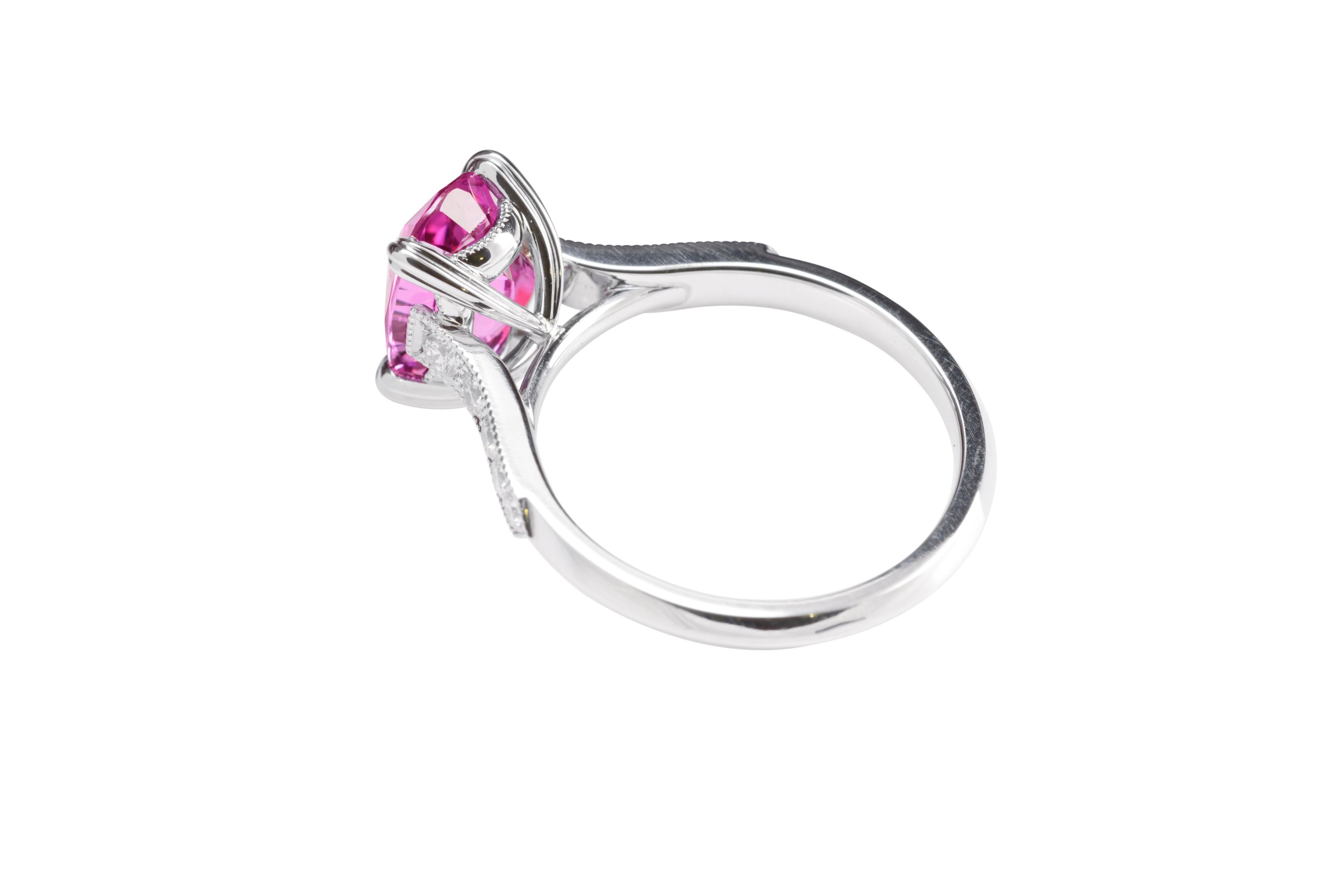 Oval Cut 4.0 Carat Intense Pink Sapphire and Diamond Solitaire Ring in Platinum For Sale