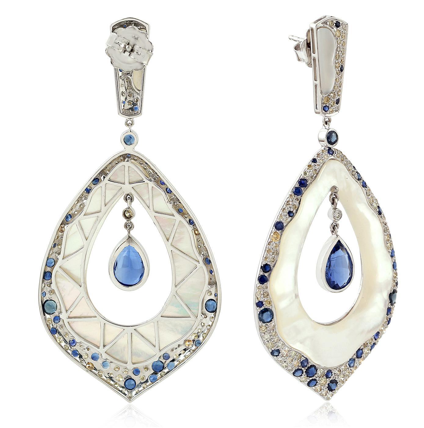 Modern 4.0 Carat Kyanite Mother of Pearl Sapphire Diamond 18 Karat Gold Earrings For Sale