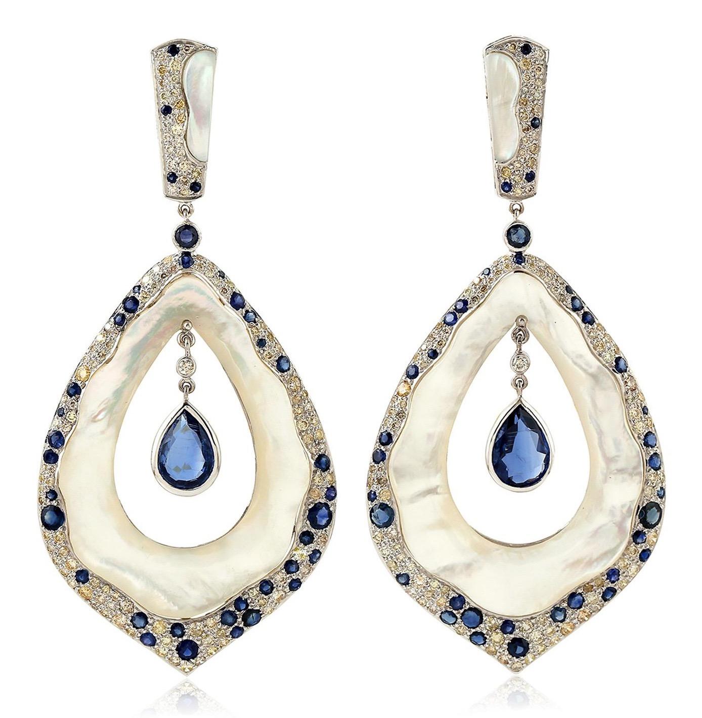 Mixed Cut 4.0 Carat Kyanite Mother of Pearl Sapphire Diamond 18 Karat Gold Earrings For Sale