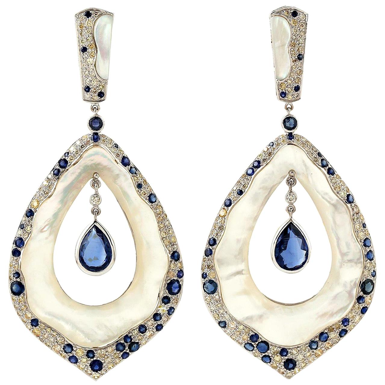 4.0 Carat Kyanite Mother of Pearl Sapphire Diamond 18 Karat Gold Earrings For Sale