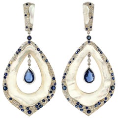 4.0 Carat Kyanite Mother of Pearl Sapphire Diamond 18 Karat Gold Earrings