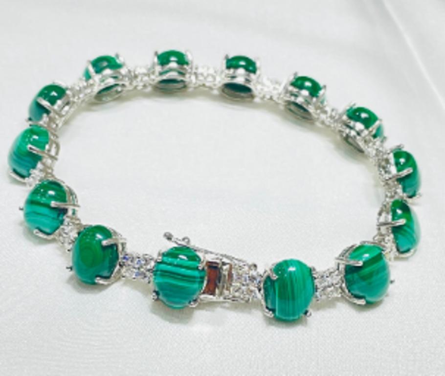 Oval Cut 40 Carat Malachite and 2 Carat Diamond Tennis Bracelet in 925 Sterling Silver For Sale