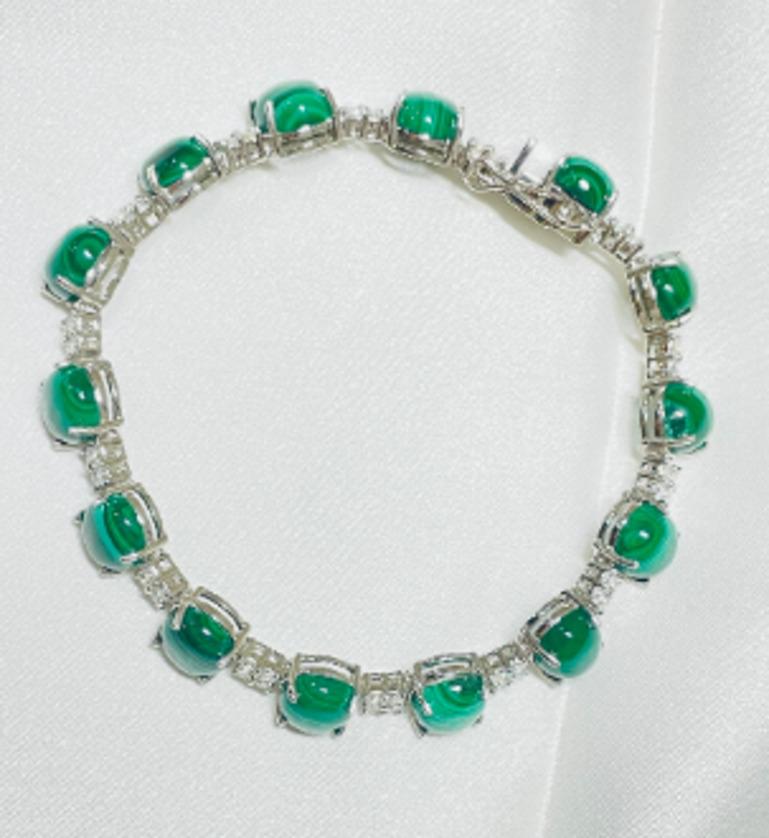 40 Carat Malachite and 2 Carat Diamond Tennis Bracelet in 925 Sterling Silver For Sale 1