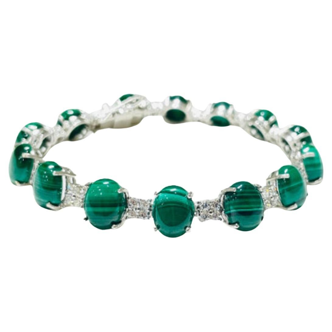 40 Carat Malachite and 2 Carat Diamond Tennis Bracelet in 925 Sterling Silver For Sale