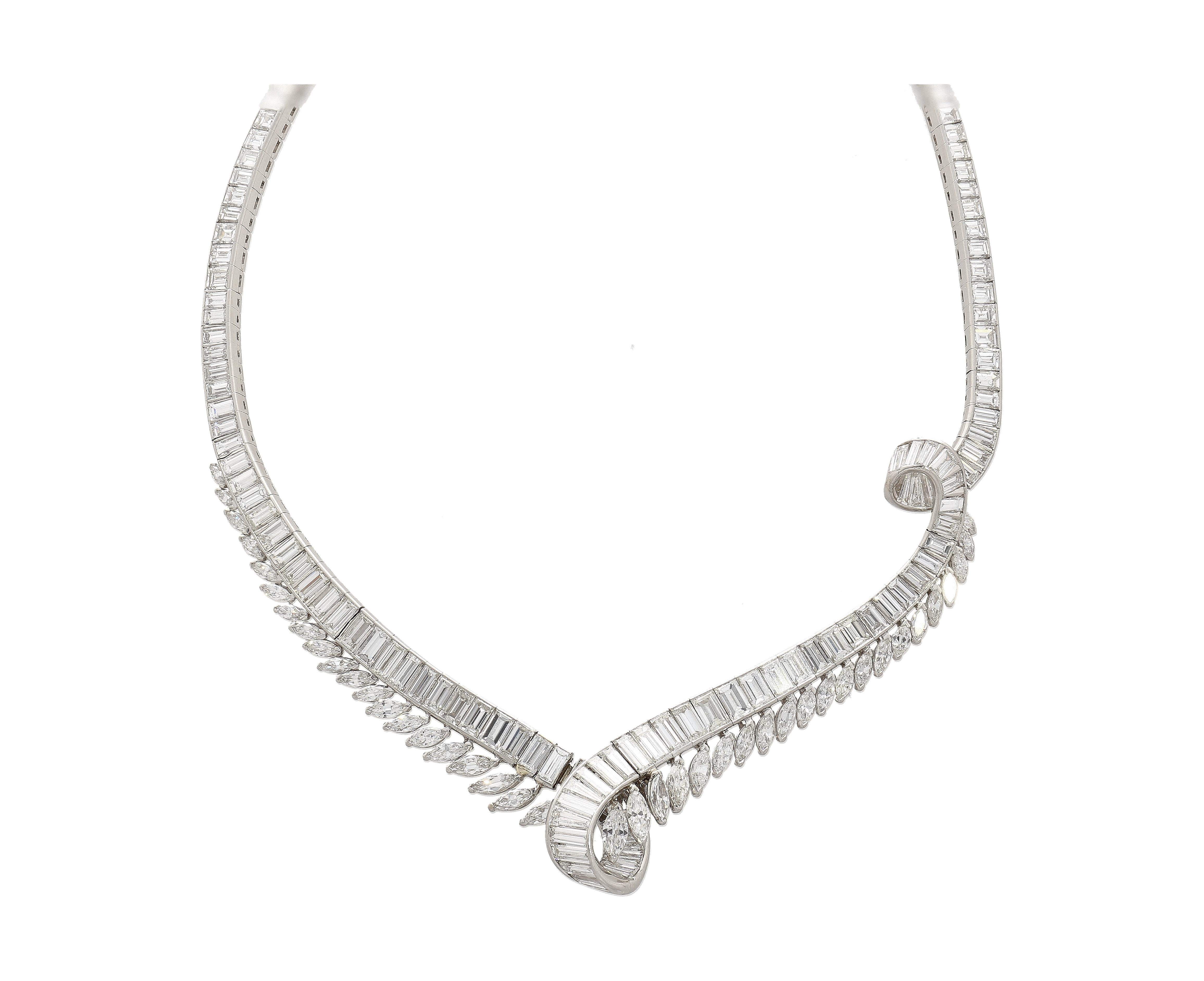 Art Deco 40 Carat Marquise And Baguette Cut Diamond Chandelier Platinum Choker Necklace For Sale