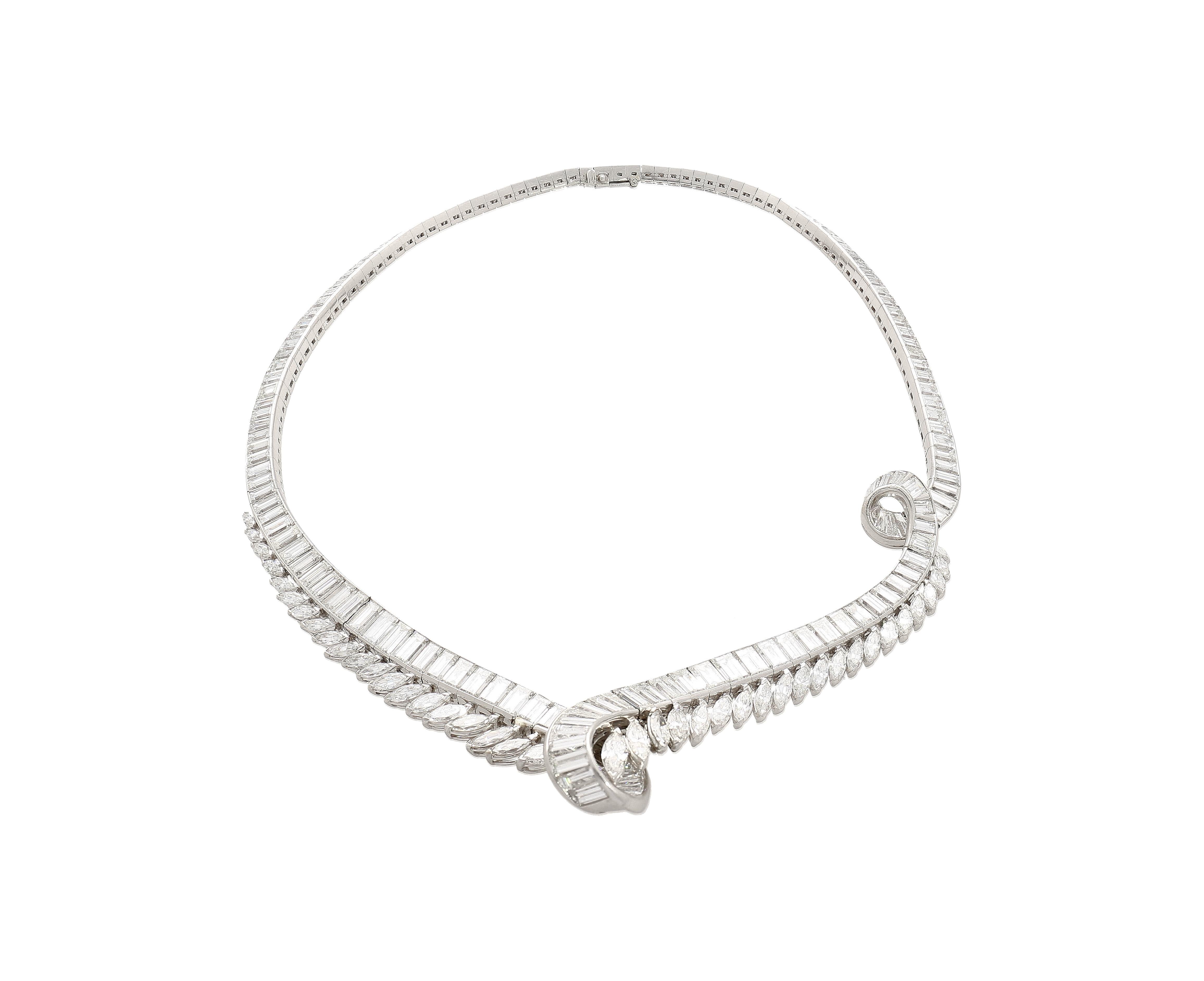 Women's 40 Carat Marquise And Baguette Cut Diamond Chandelier Platinum Choker Necklace For Sale