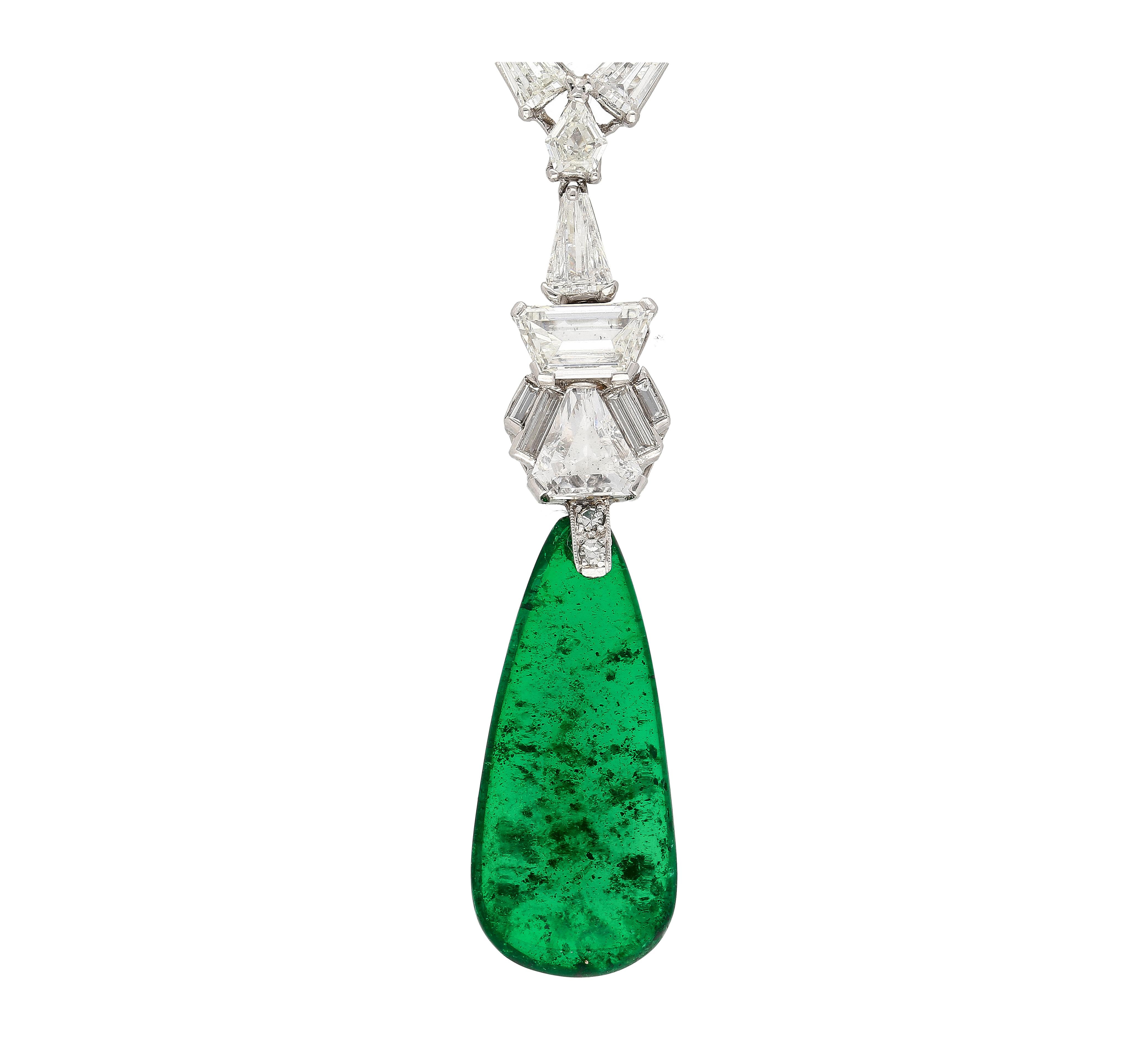 Women's or Men's 40 Carat Old Mine Colombian Drop Emerald & Baguette Diamond 18K Gold Necklace For Sale