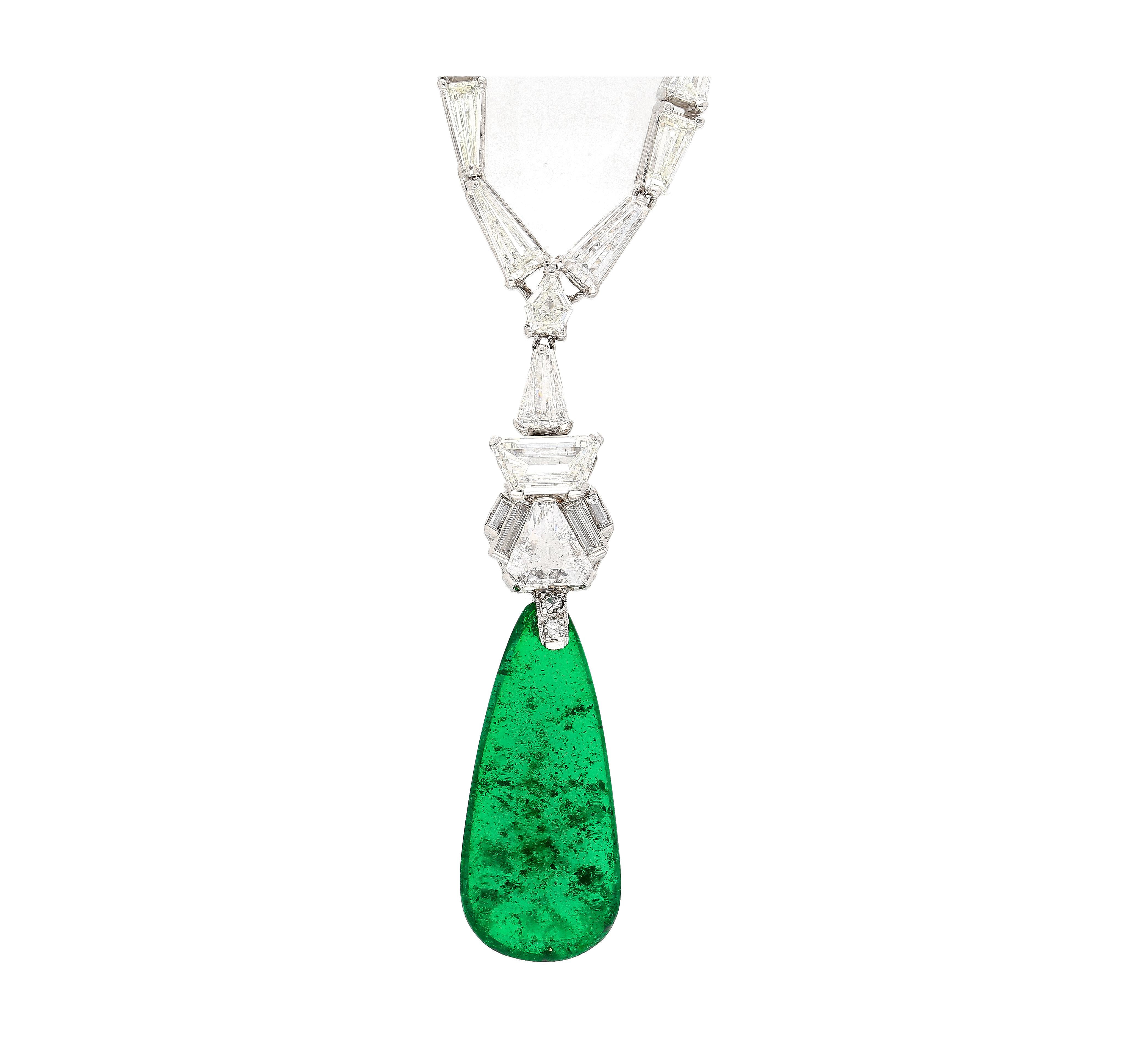 40 Carat Old Mine Colombian Drop Emerald & Baguette Diamond 18K Gold Necklace For Sale 2