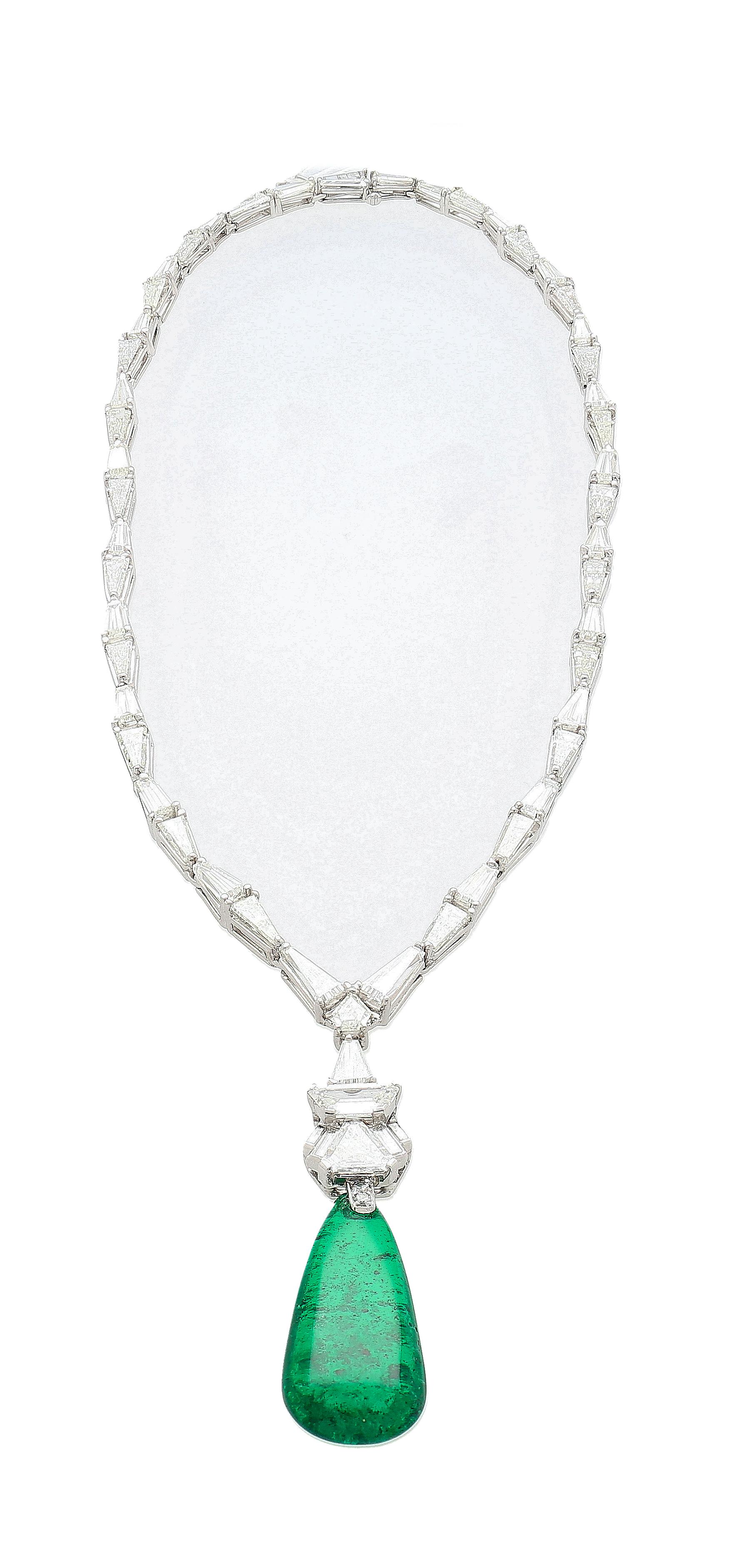 Art Deco 40 Carat Old Mine Colombian Drop Emerald & Baguette Diamond 18K Gold Necklace For Sale