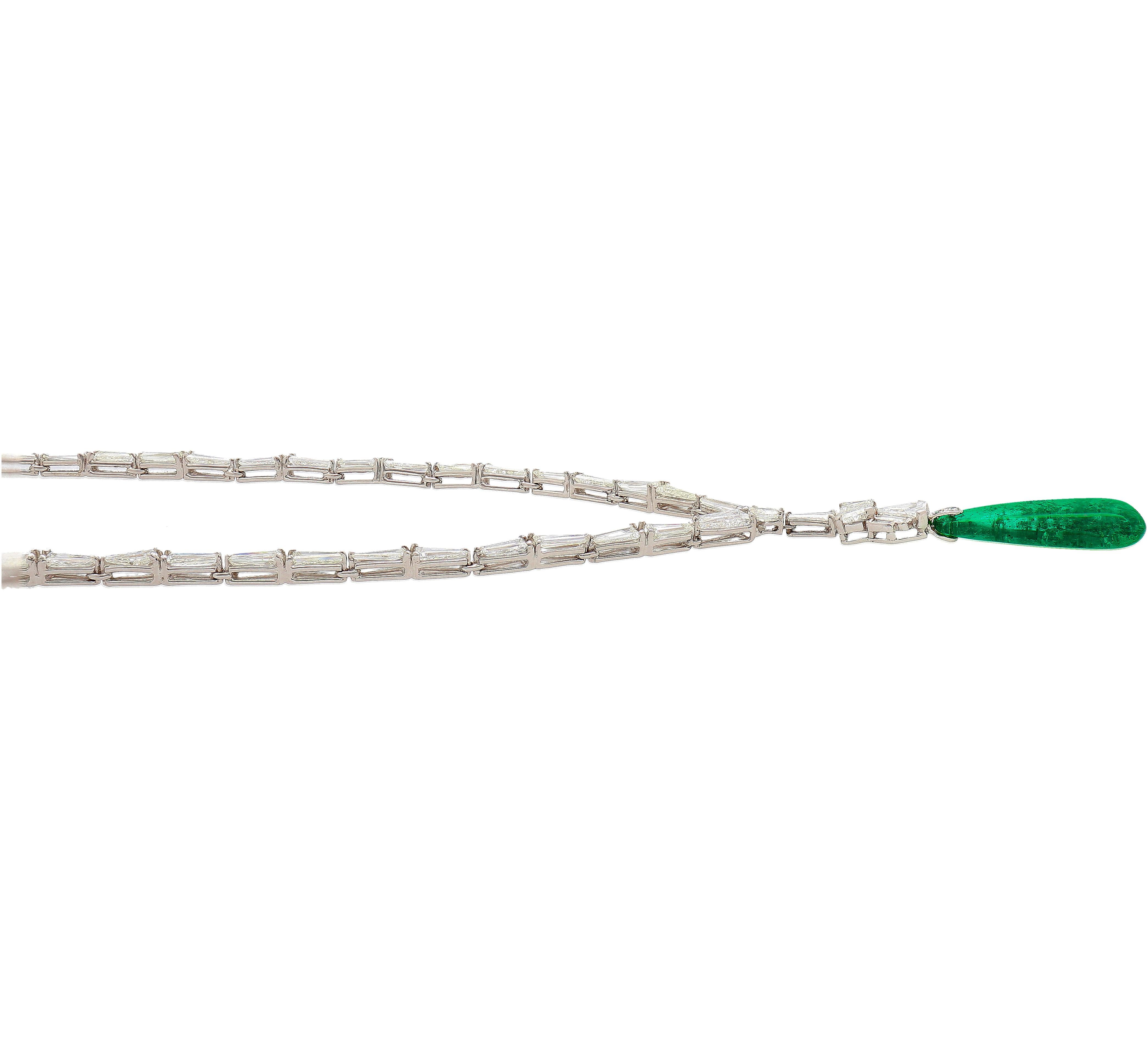 40 Carat Old Mine Colombian Drop Emerald & Baguette Diamond 18K Gold Necklace For Sale 1