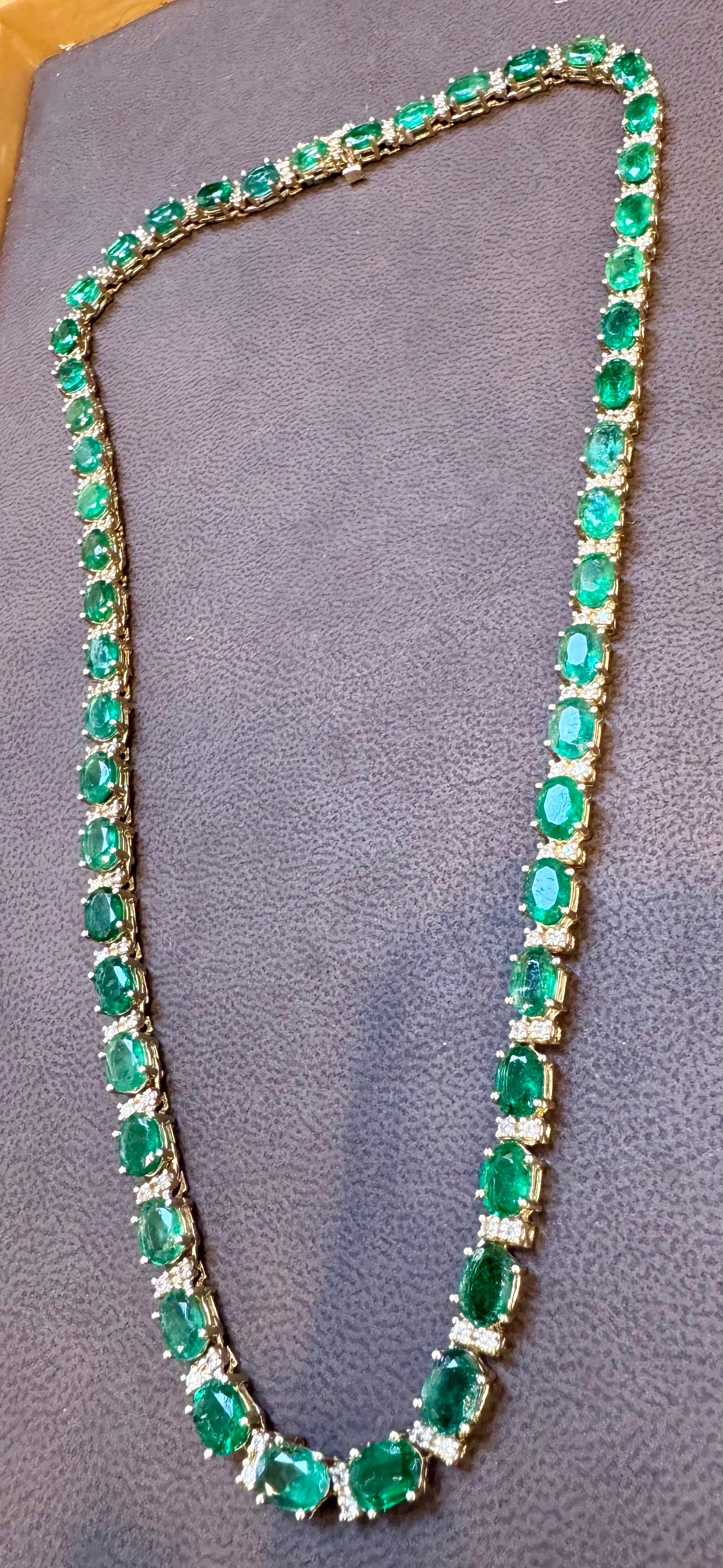 40 Carat Oval Brazilian Emerald & 3 Carat Diamond Tennis Necklace 14 Karat Gold For Sale 9