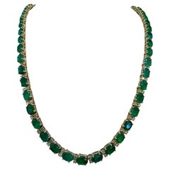 40 Carat Oval Brazilian Emerald & 3 Carat Diamond Tennis Necklace 14 Karat Gold