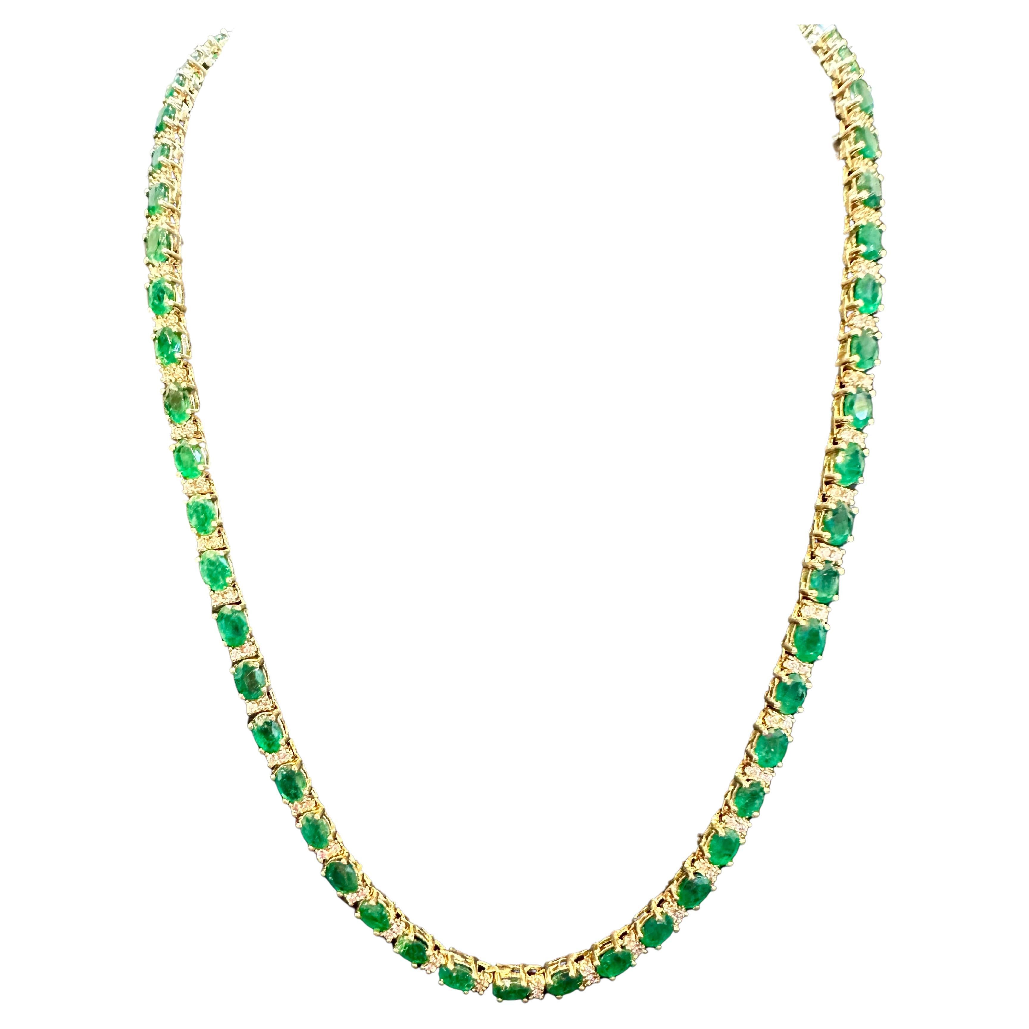 Sugarloaf Cabochon 40 Carat Oval Brazilian Emerald & 3 Carat Diamond Tennis Necklace 14 Karat Gold For Sale