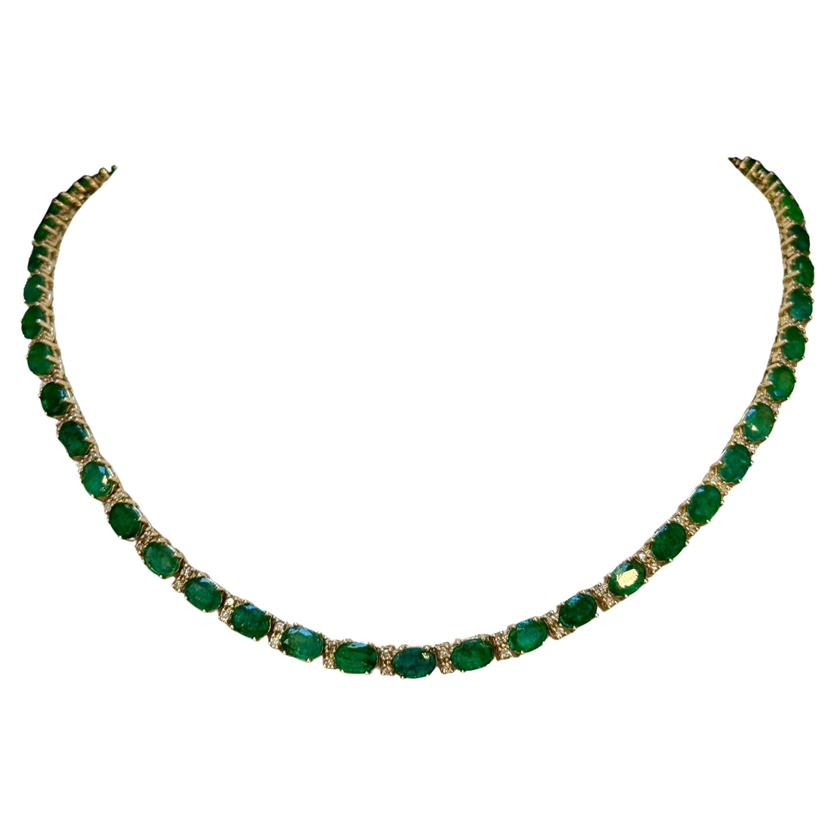 40 Carat Oval Brazilian Emerald & 3 Carat Diamond Tennis Necklace 14 Karat Gold For Sale