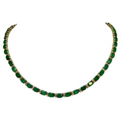 40 Carat Oval Brazilian Emerald & 3 Carat Diamond Tennis Necklace 14 Karat Gold