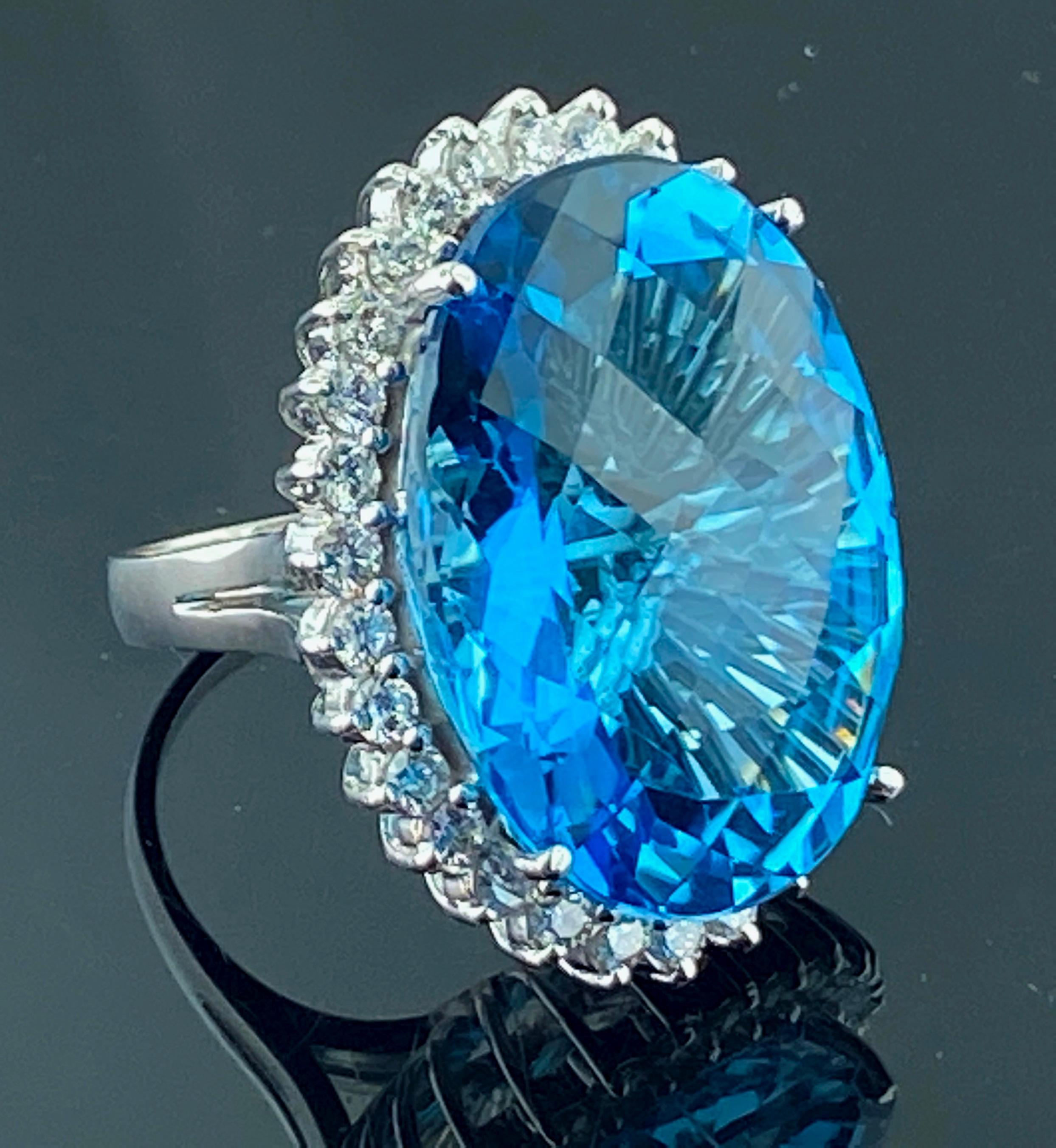 40 Carat Oval Cut London Blue Topaz & Diamond Ring In Excellent Condition In Palm Desert, CA